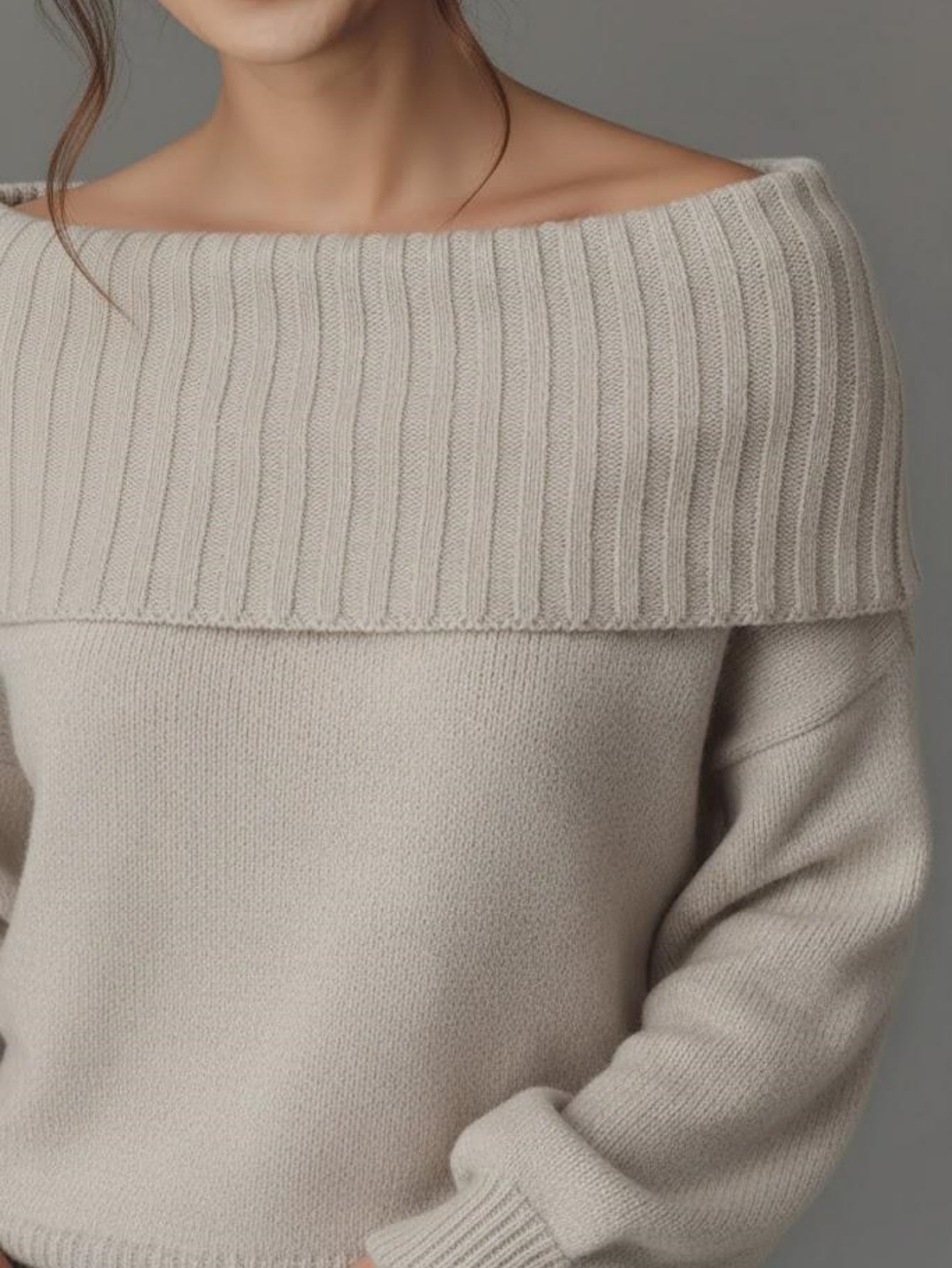 Women's Off Shoulder Knit Sweater Lantern Sleeve Slim Fit Solid Color Versatile Pullover Top