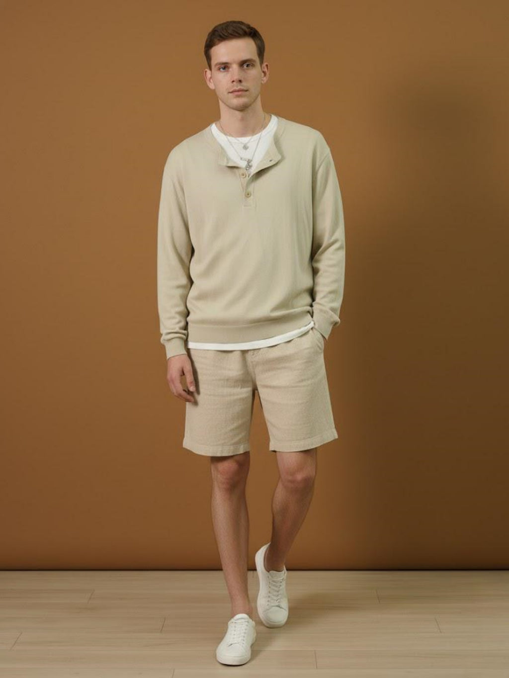 Men’s Light Beige Knit Pullover – Casual Button-Neck Sweater