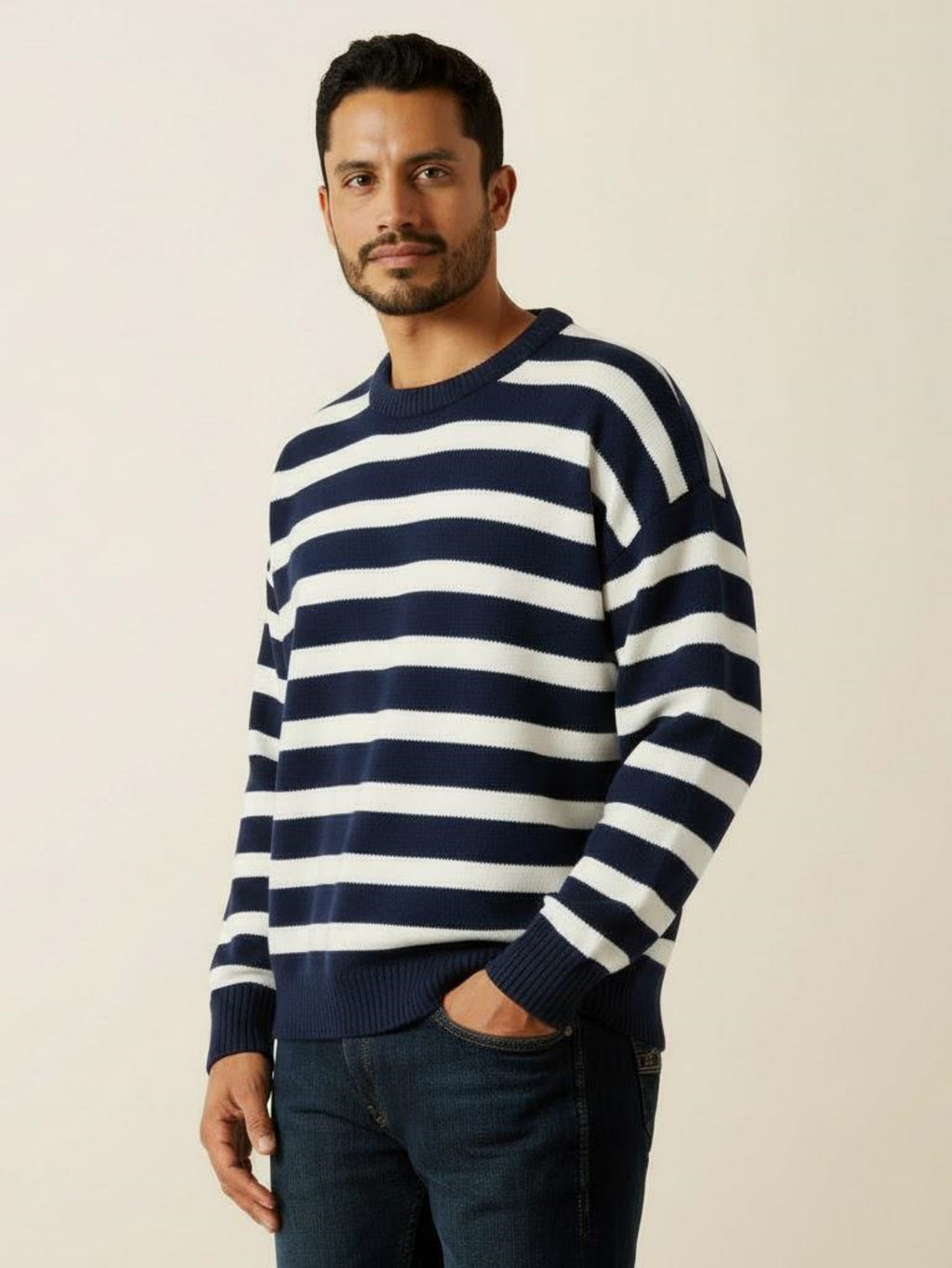 Men’s Navy and White Striped Knit Sweater – Casual Crewneck Pullover