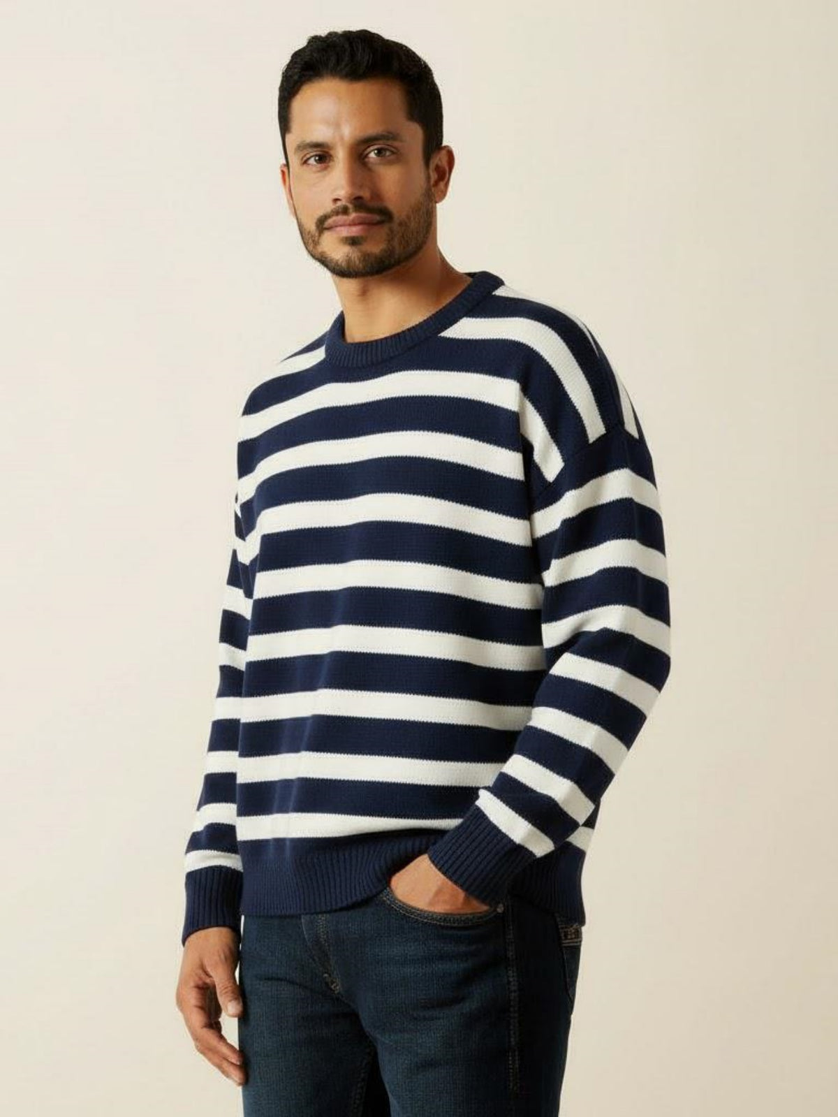 Men’s Navy and White Striped Knit Sweater – Casual Crewneck Pullover