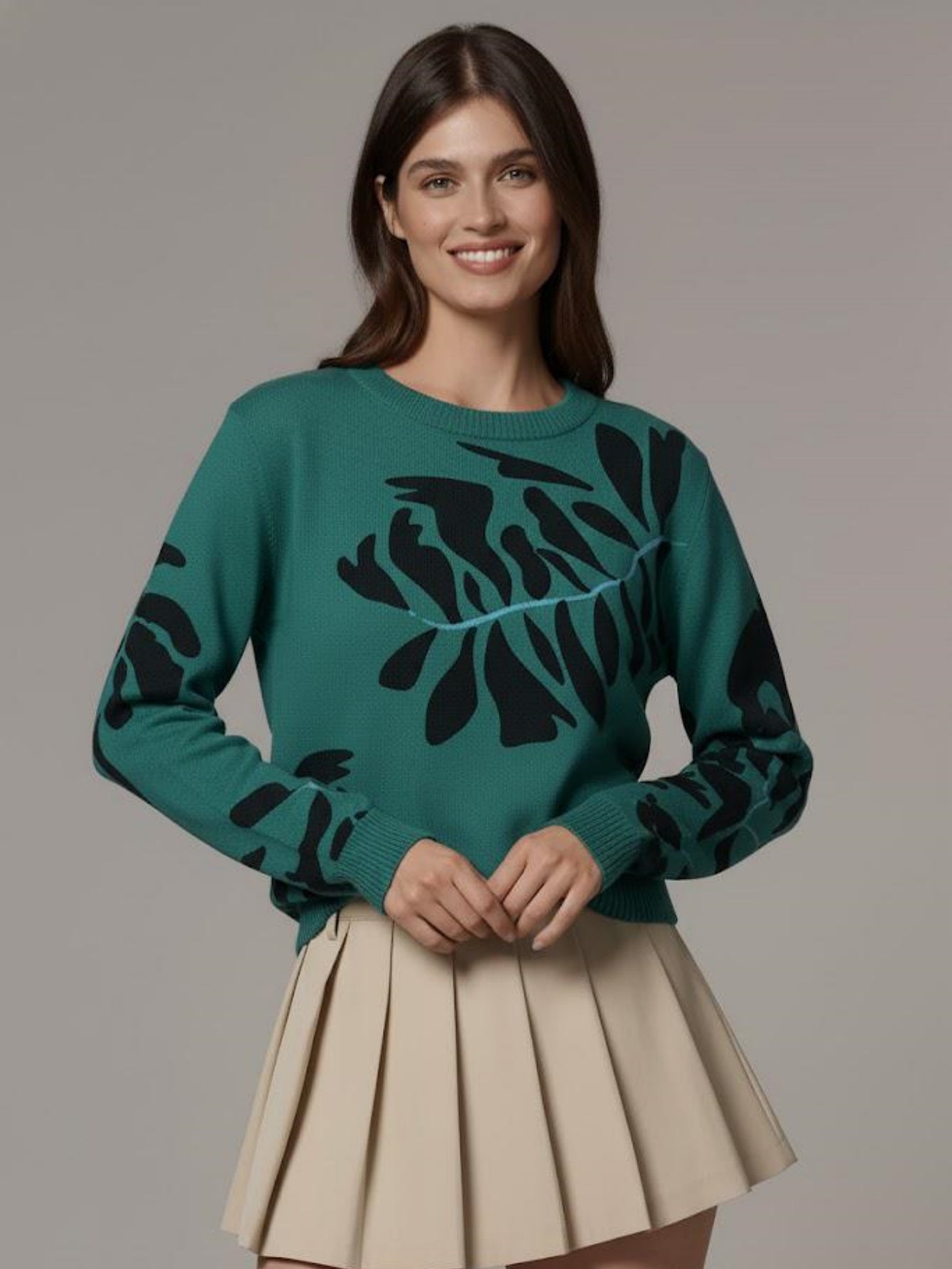 Women's Colorblock Crochet Knit Sweater, Long Sleeve Crewneck Loose Fit Pullover Top, Boho Vintage Cotton Knitwear