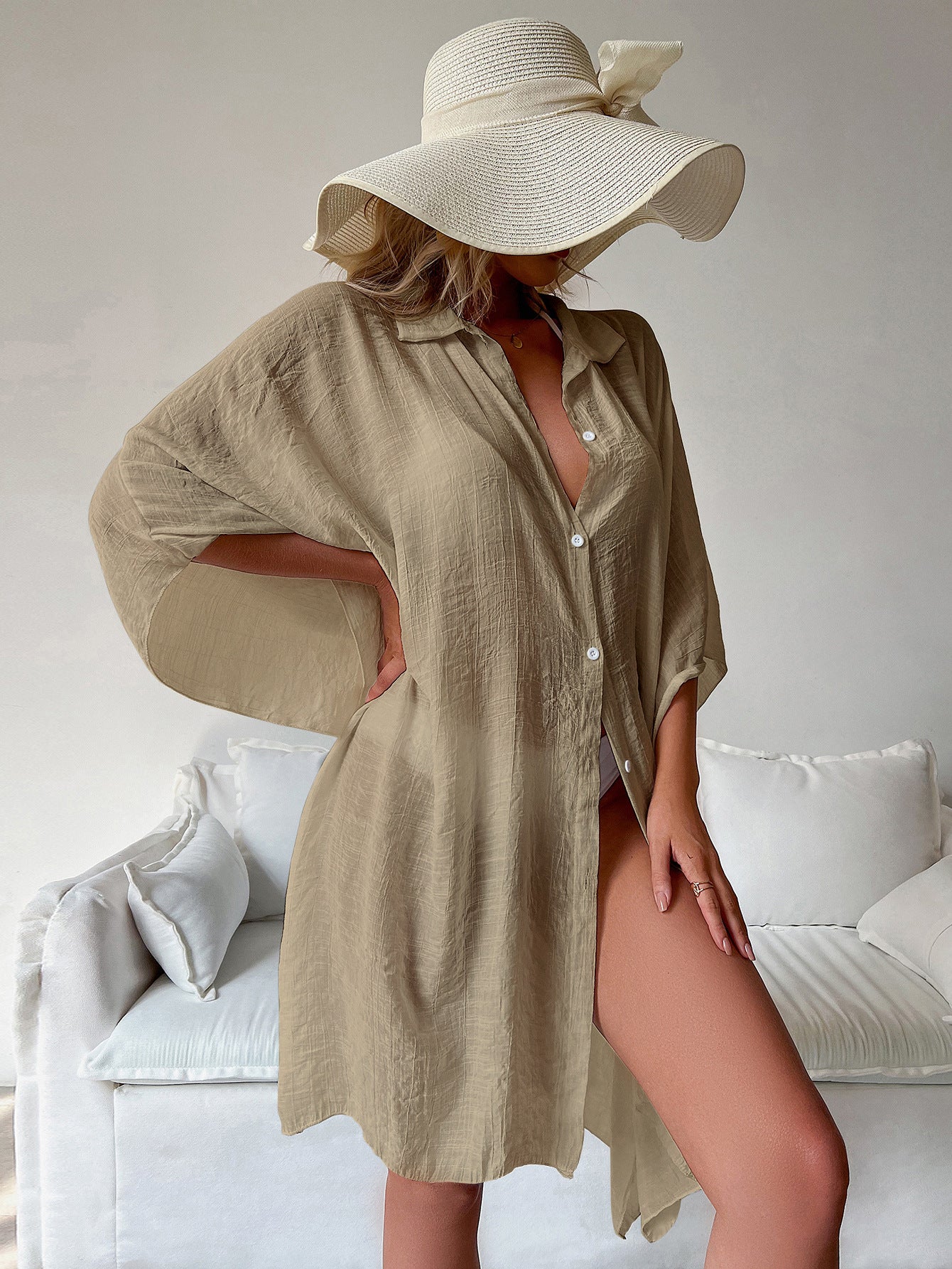 Womens Loose Bathing Suit Cover Ups, Beach Swimwear Button Down Shirt Dress