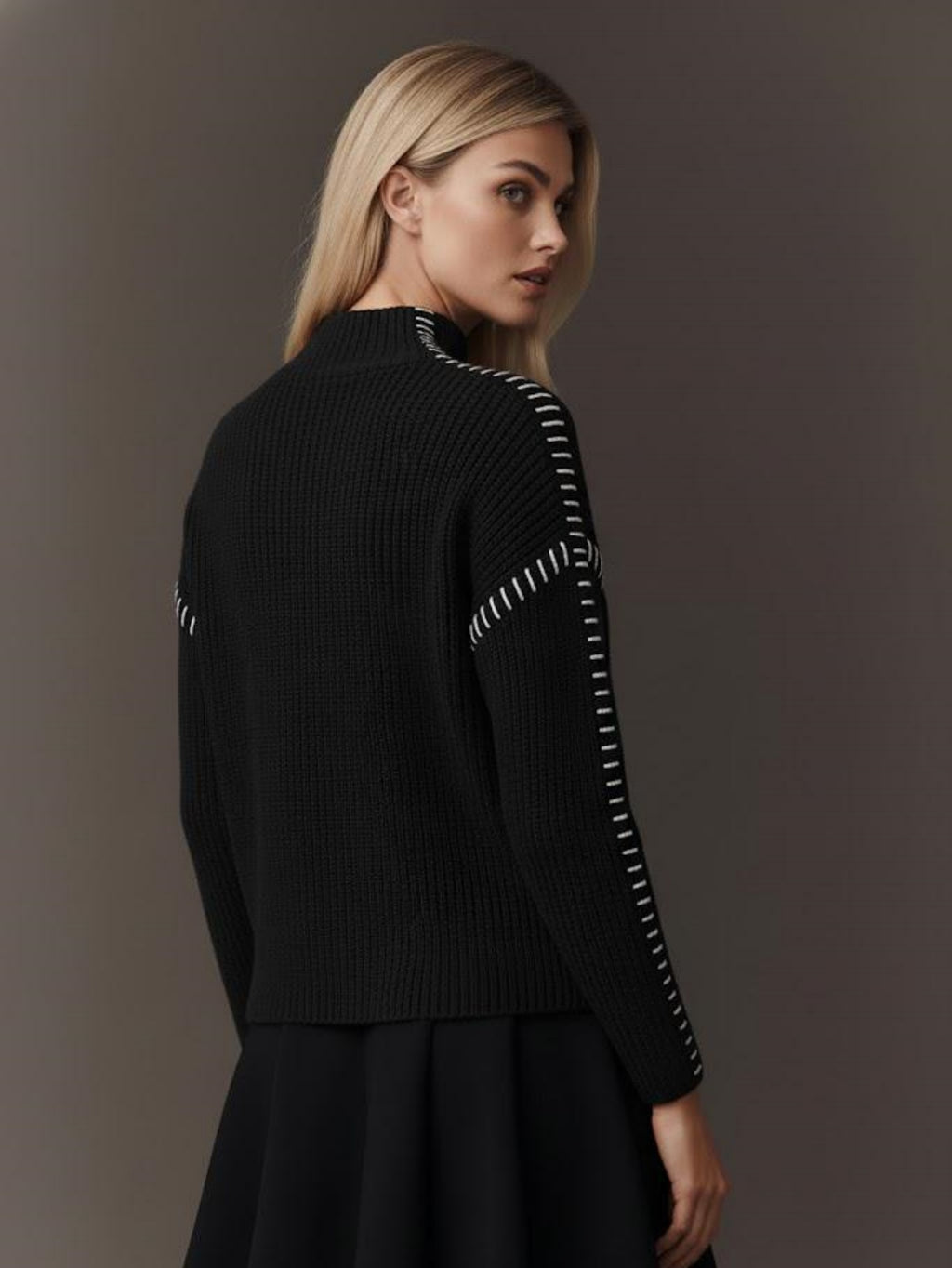 Women's Mock Neck Pullover Sweater, Long Sleeve Casual Knit Jumper with Contrast Stitching Detail