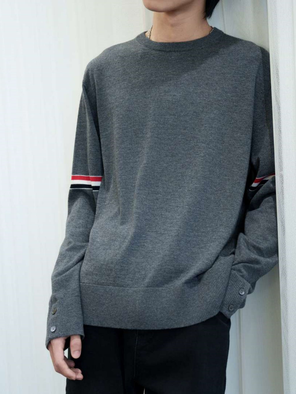 Men’s Wool Crewneck Stripe Trim Sweater – Classic Long-Sleeve Knit Pullover