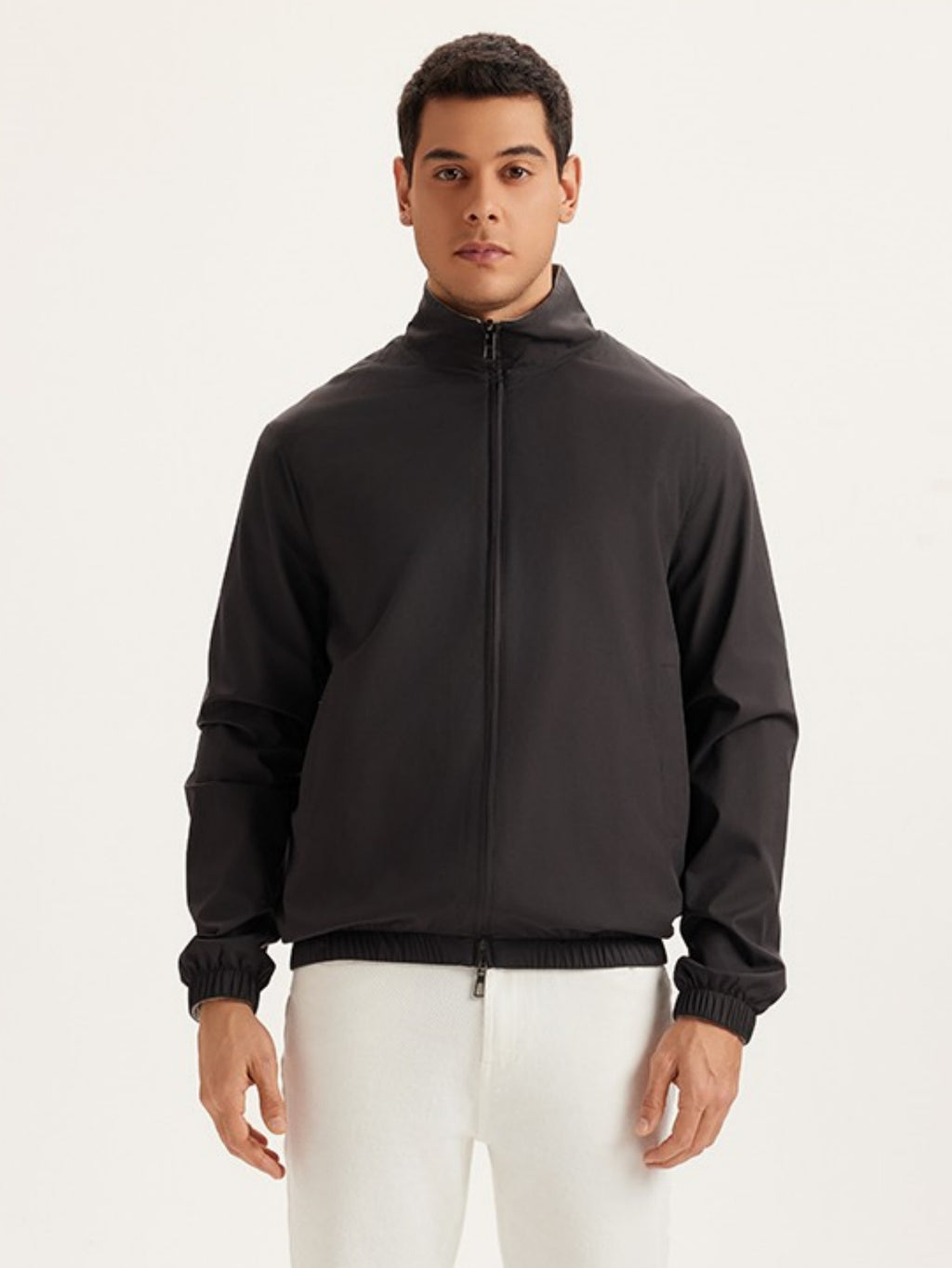 Men’s Reversible Stand Collar Jacket – Dual-Sided Gray Black Windproof Outerwear