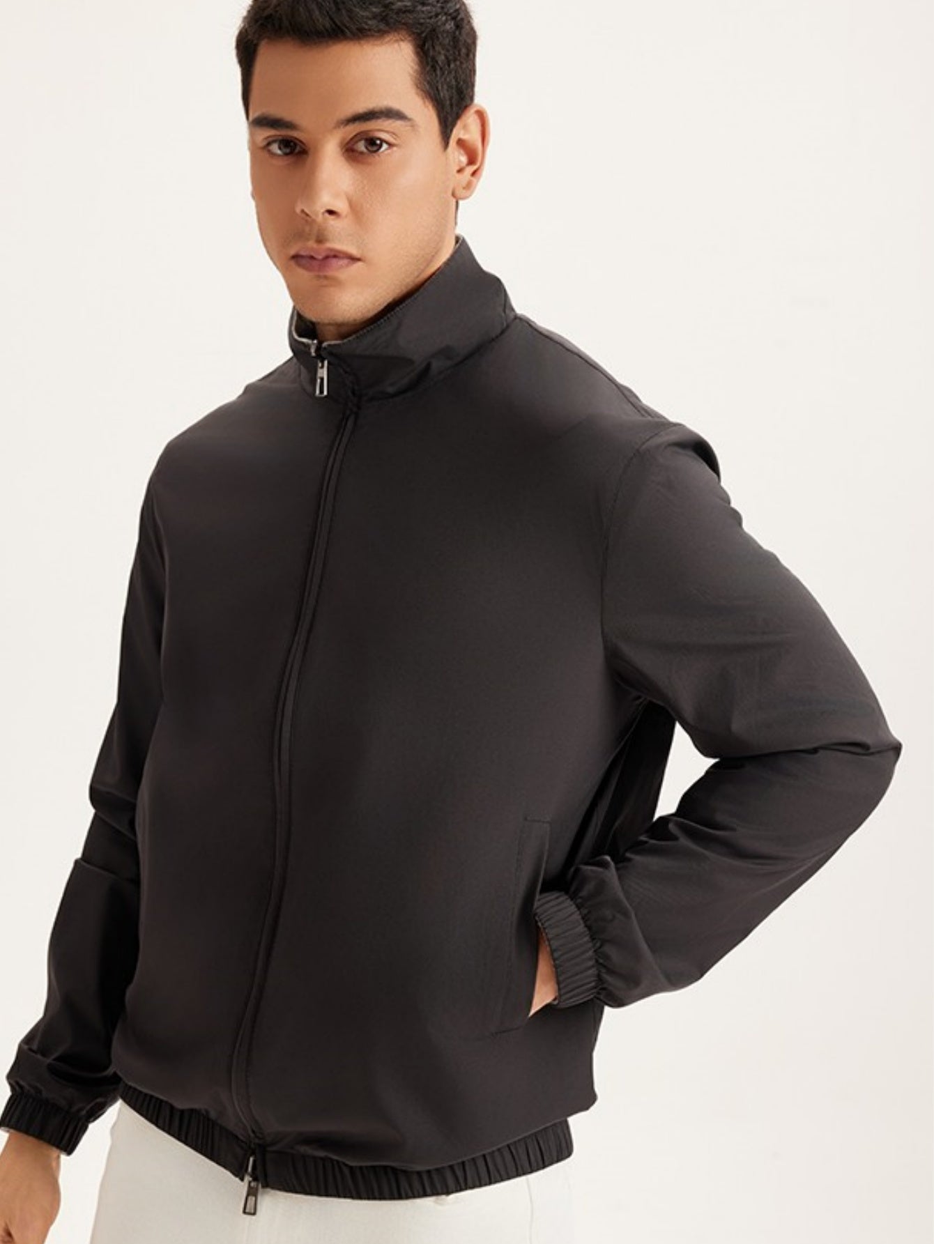 Men’s Reversible Stand Collar Jacket – Dual-Sided Gray Black Windproof Outerwear
