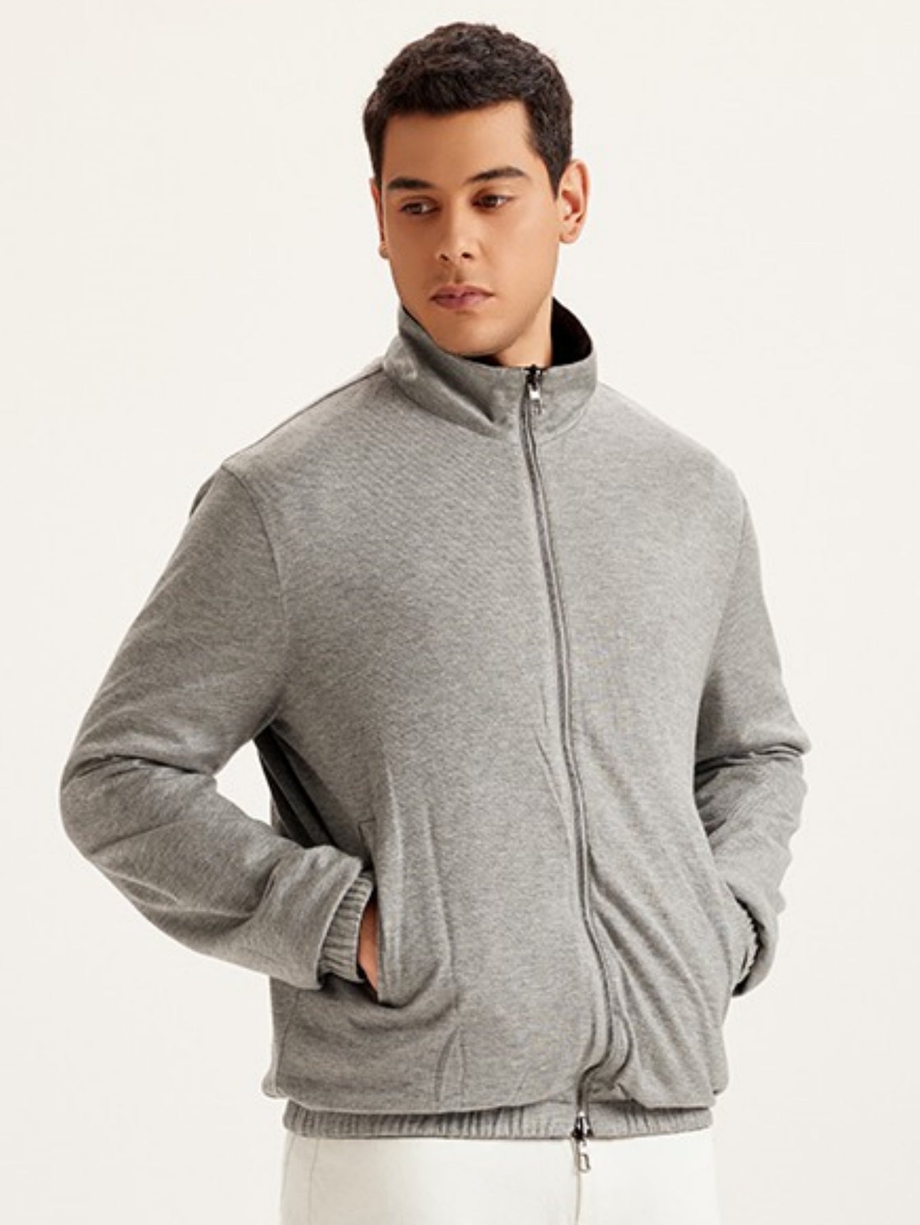 Men’s Reversible Stand Collar Jacket – Dual-Sided Gray Black Windproof Outerwear