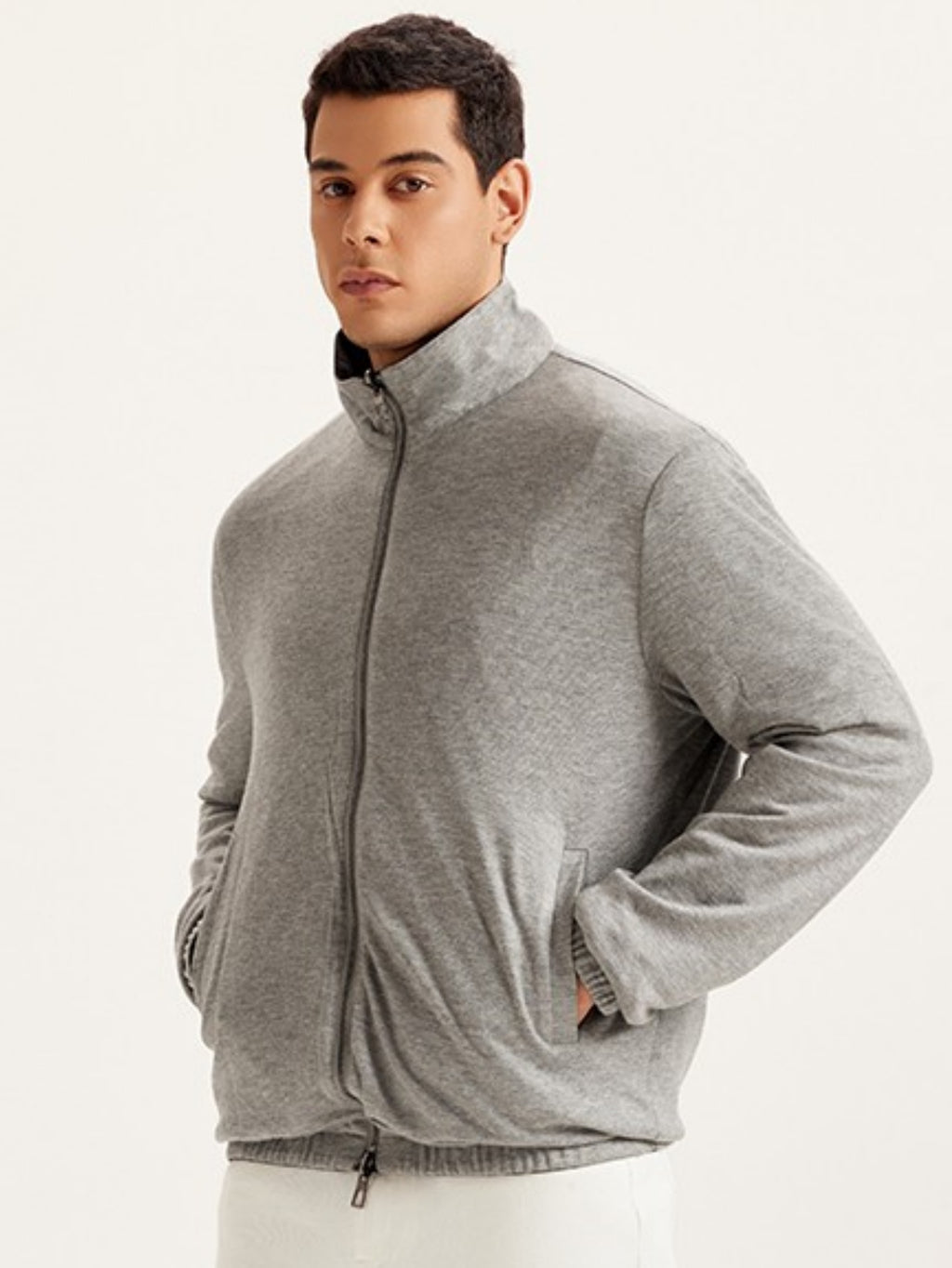 Men’s Reversible Stand Collar Jacket – Dual-Sided Gray Black Windproof Outerwear