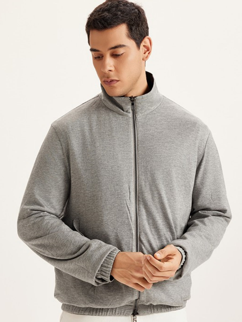 Men’s Reversible Stand Collar Jacket – Dual-Sided Gray Black Windproof Outerwear