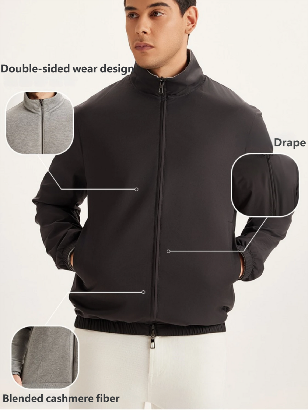 Men’s Reversible Stand Collar Jacket – Dual-Sided Gray Black Windproof Outerwear