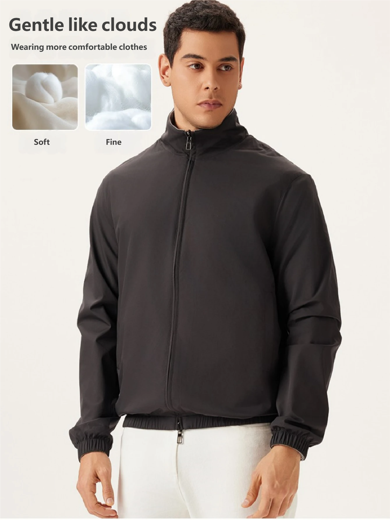 Men’s Reversible Stand Collar Jacket – Dual-Sided Gray Black Windproof Outerwear