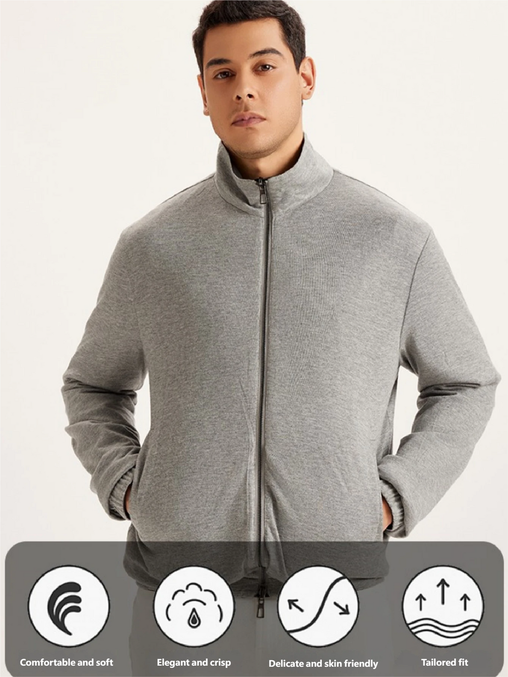 Men’s Reversible Stand Collar Jacket – Dual-Sided Gray Black Windproof Outerwear