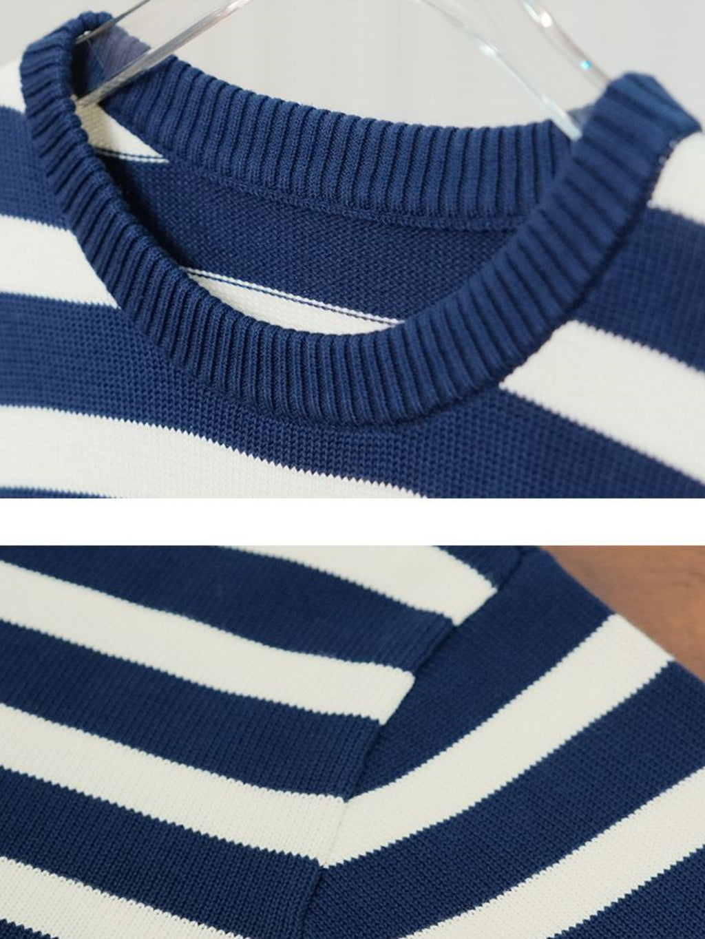 Men’s Navy and White Striped Knit Sweater – Casual Crewneck Pullover