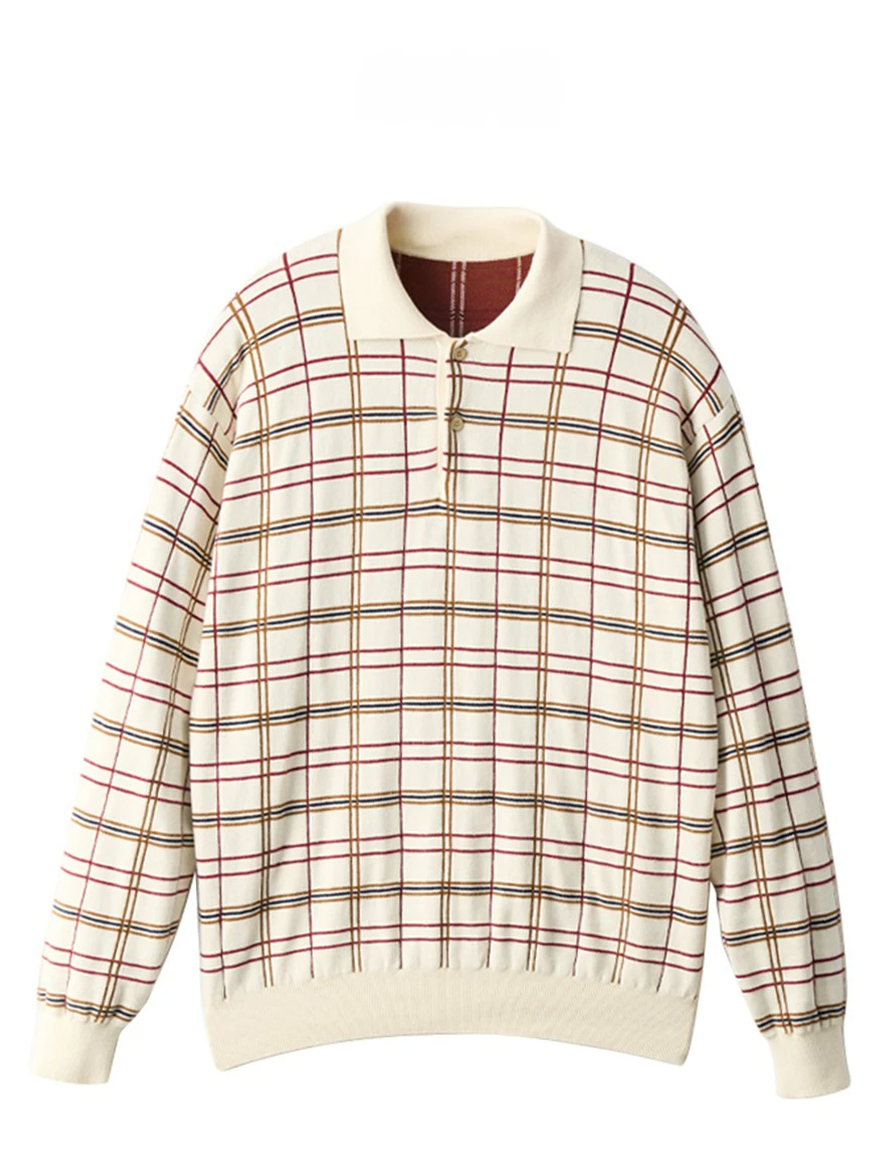 Men’s Beige Plaid Knit Sweater – Retro Checkered Long-Sleeve Pullover