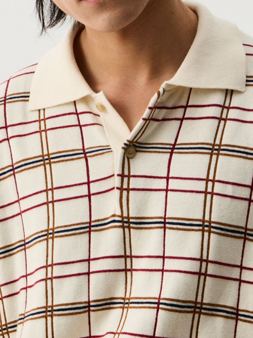 Men’s Beige Plaid Knit Sweater – Retro Checkered Long-Sleeve Pullover