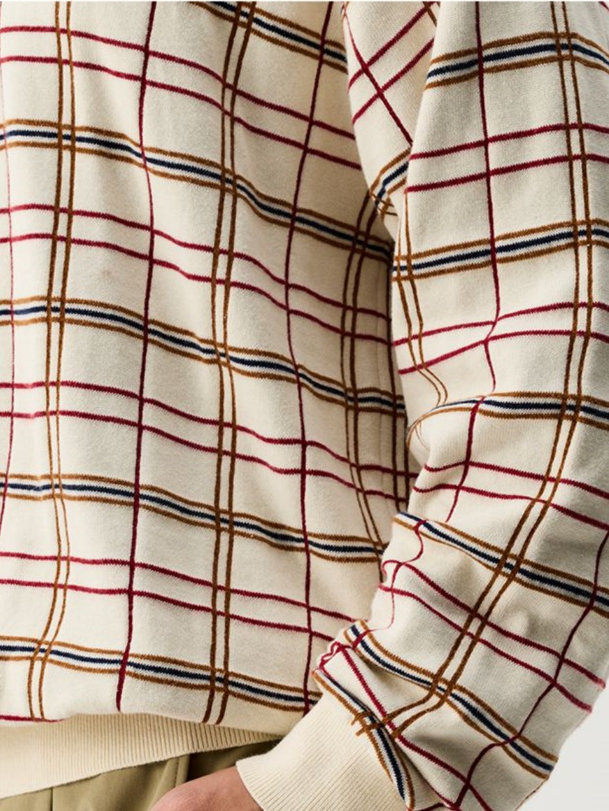 Men’s Beige Plaid Knit Sweater – Retro Checkered Long-Sleeve Pullover