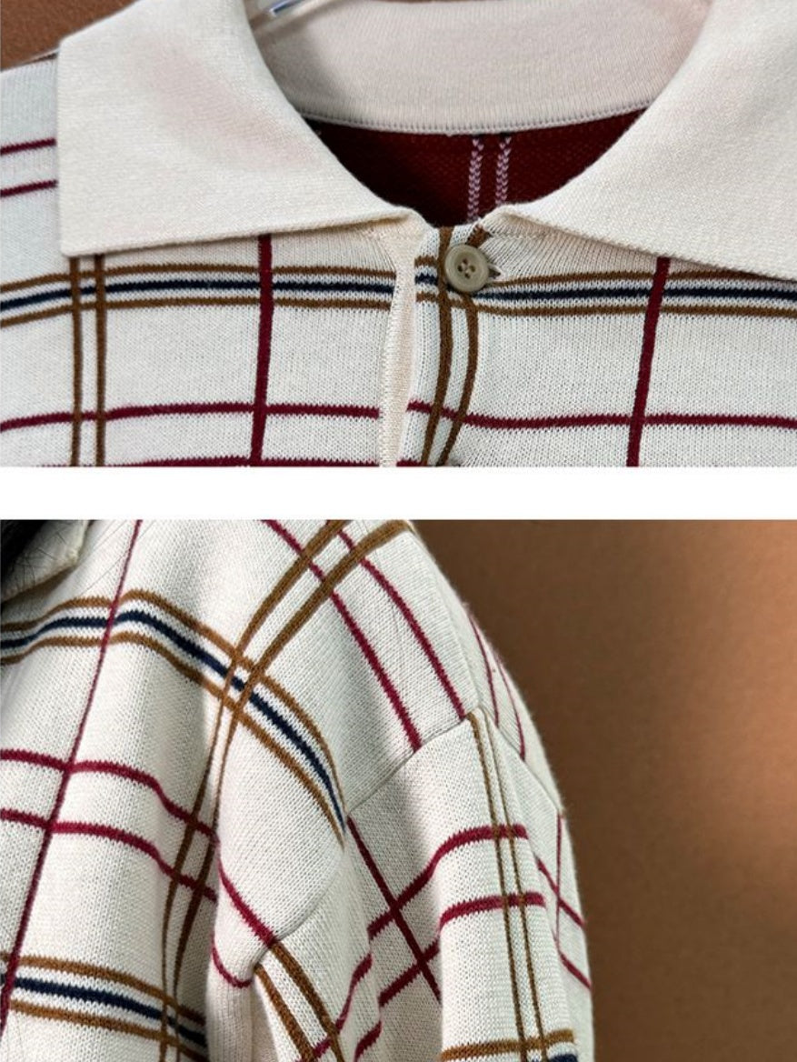 Men’s Beige Plaid Knit Sweater – Retro Checkered Long-Sleeve Pullover