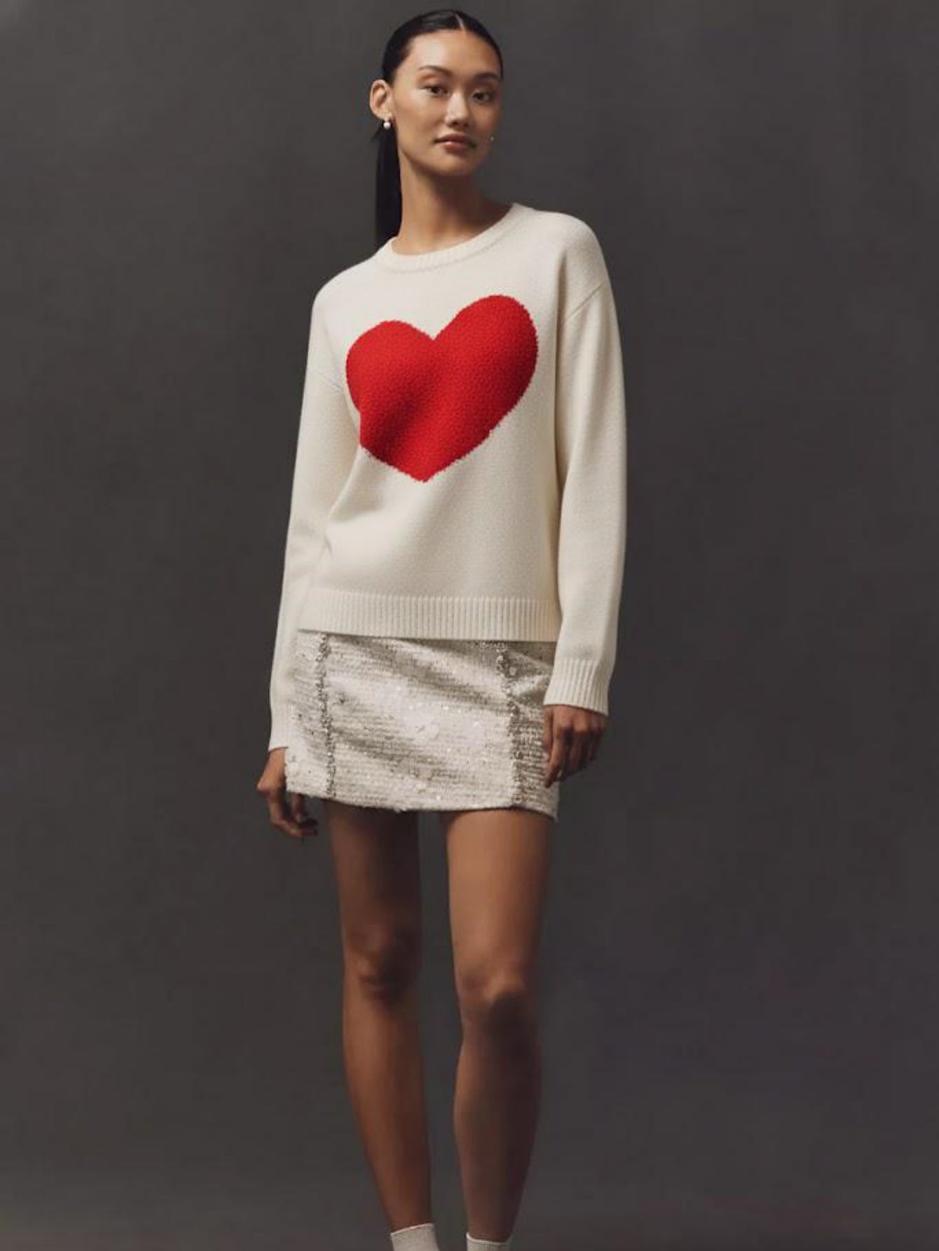 Women's Heart Print Knitted Sweater, Long Sleeve Pullover Jumper