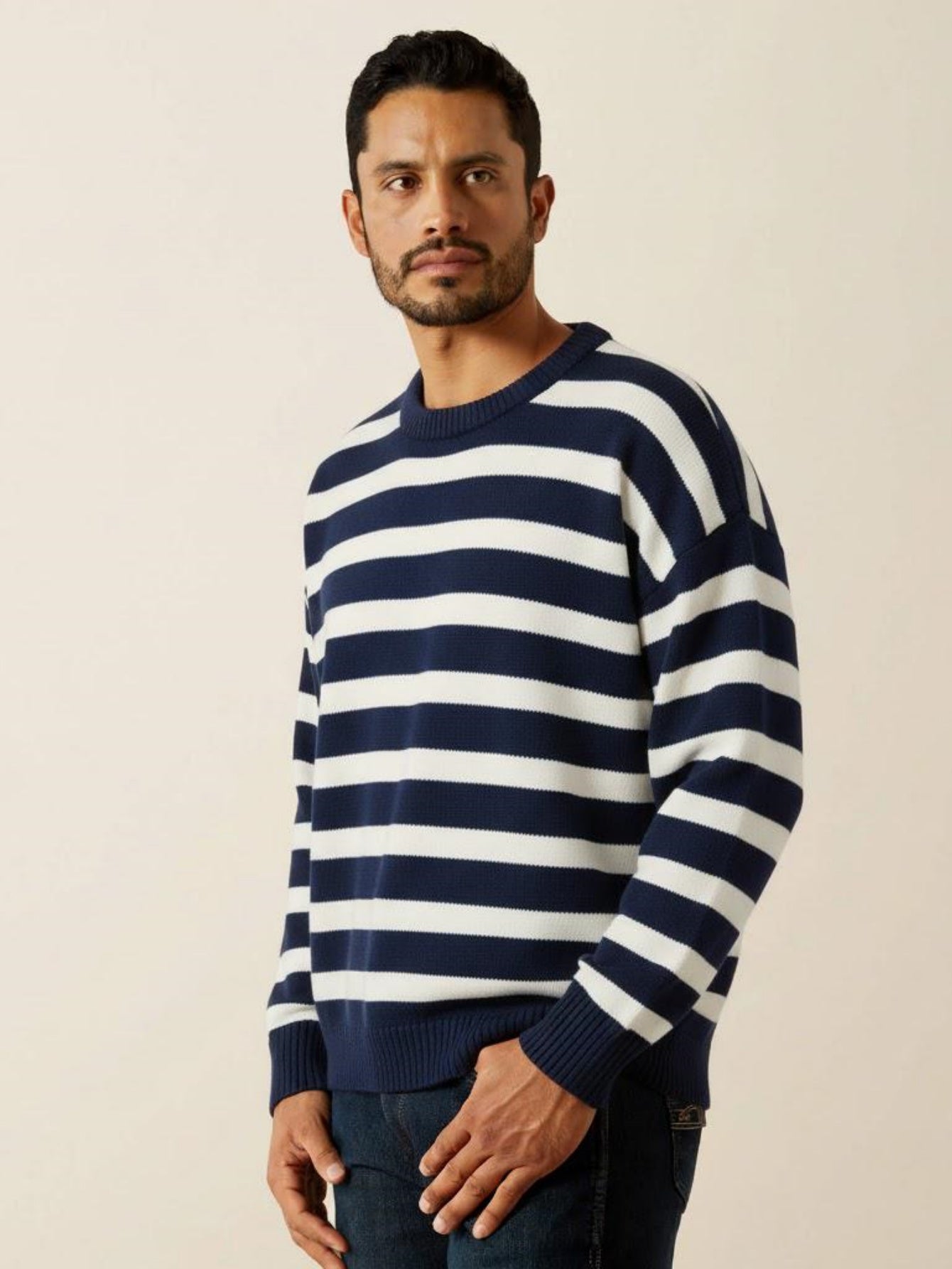 Men’s Navy and White Striped Knit Sweater – Casual Crewneck Pullover