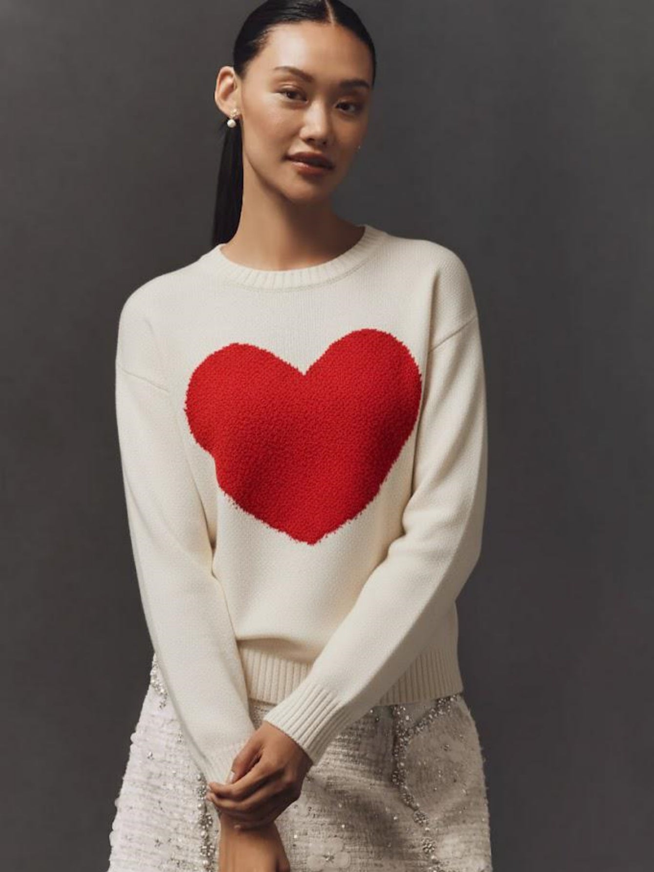Women's Heart Print Knitted Sweater, Long Sleeve Pullover Jumper