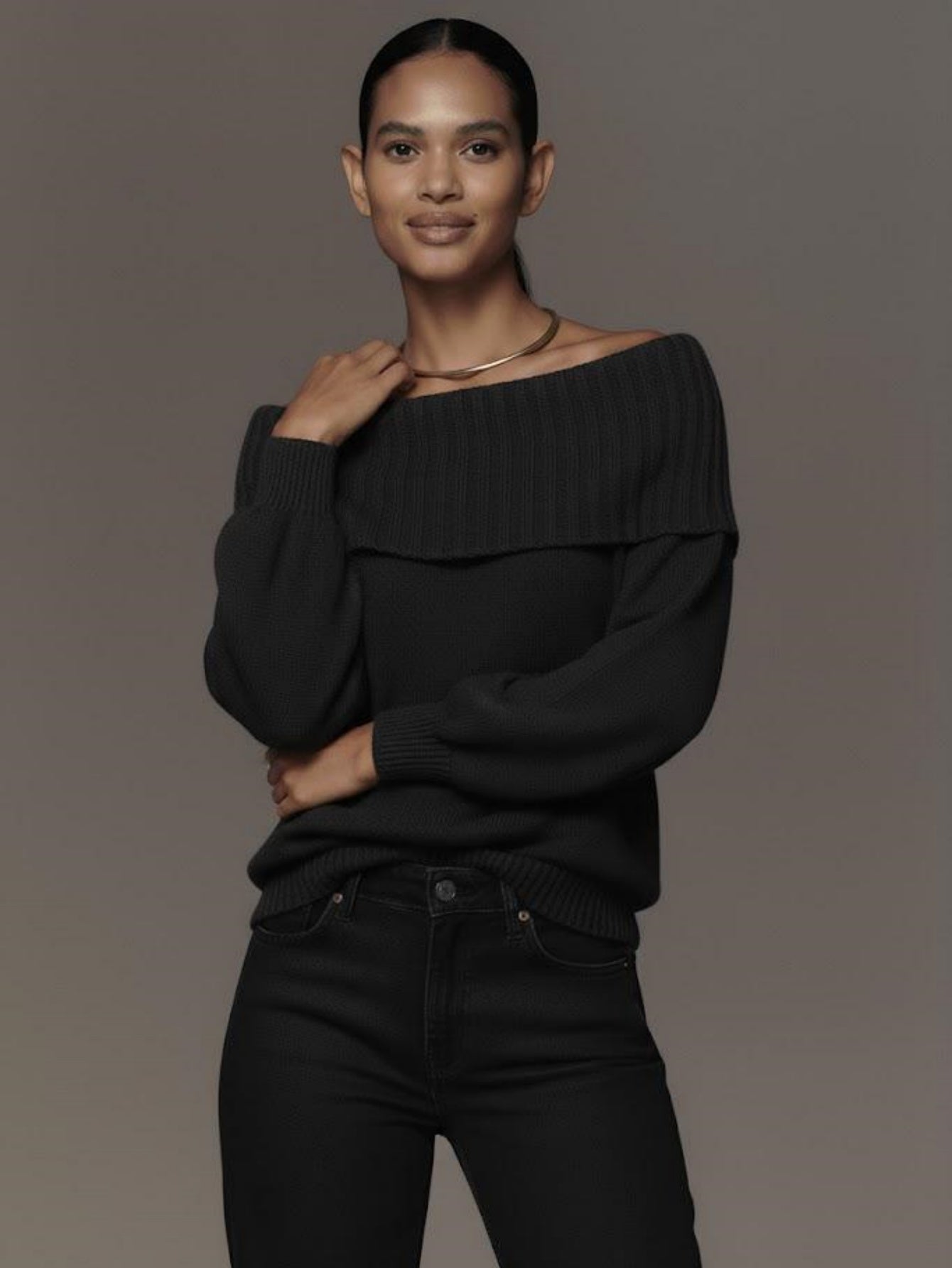 Women's Off Shoulder Knit Sweater Lantern Sleeve Slim Fit Solid Color Versatile Pullover Top