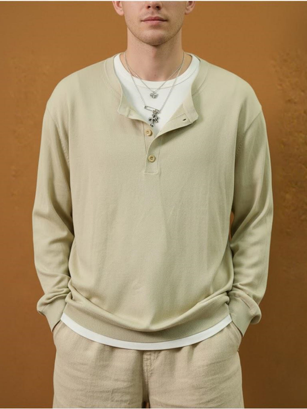 Men’s Light Beige Knit Pullover – Casual Button-Neck Sweater
