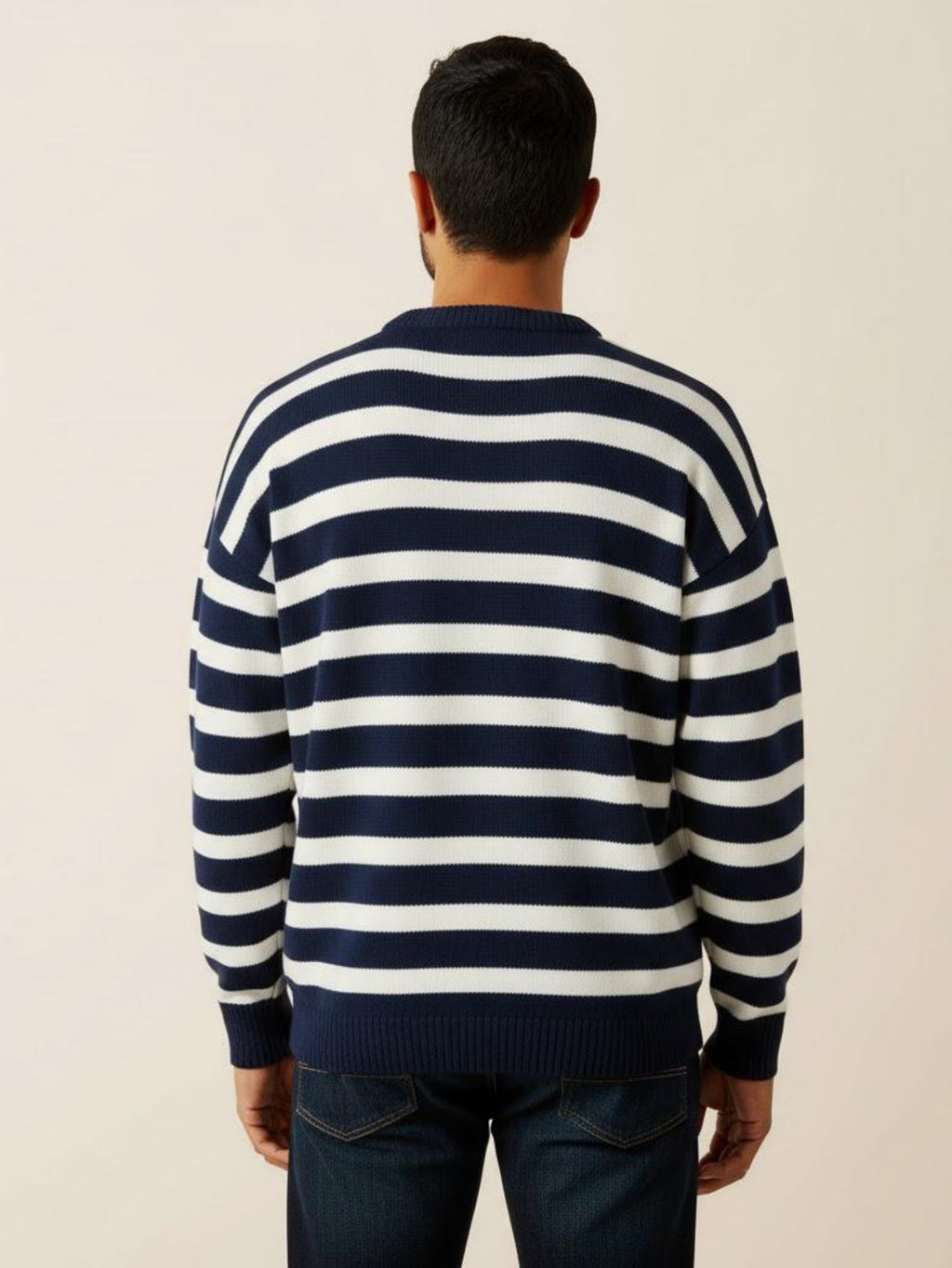 Men’s Navy and White Striped Knit Sweater – Casual Crewneck Pullover
