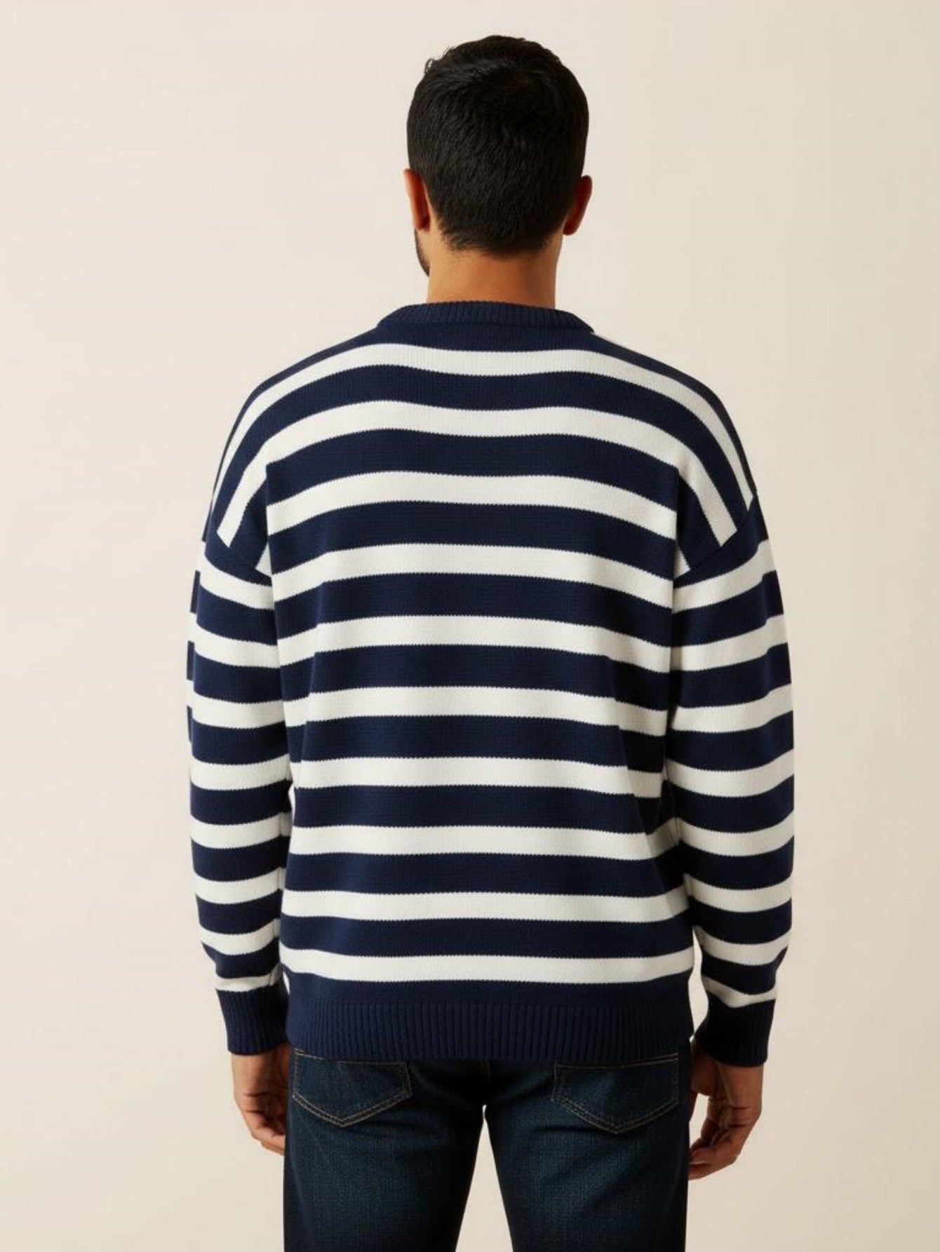 Men’s Navy and White Striped Knit Sweater – Casual Crewneck Pullover