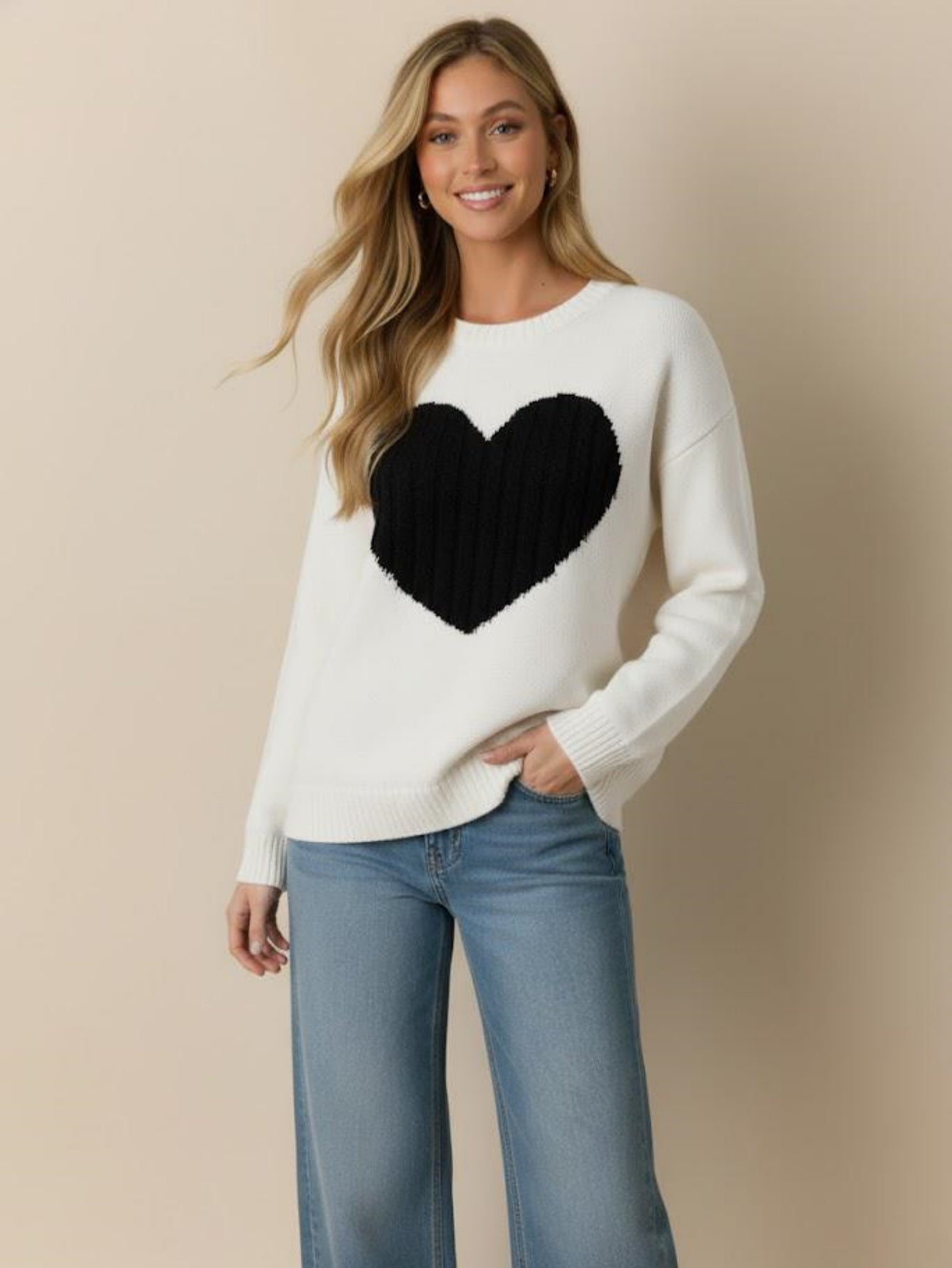 Women's Heart Print Knitted Sweater, Long Sleeve Pullover Jumper
