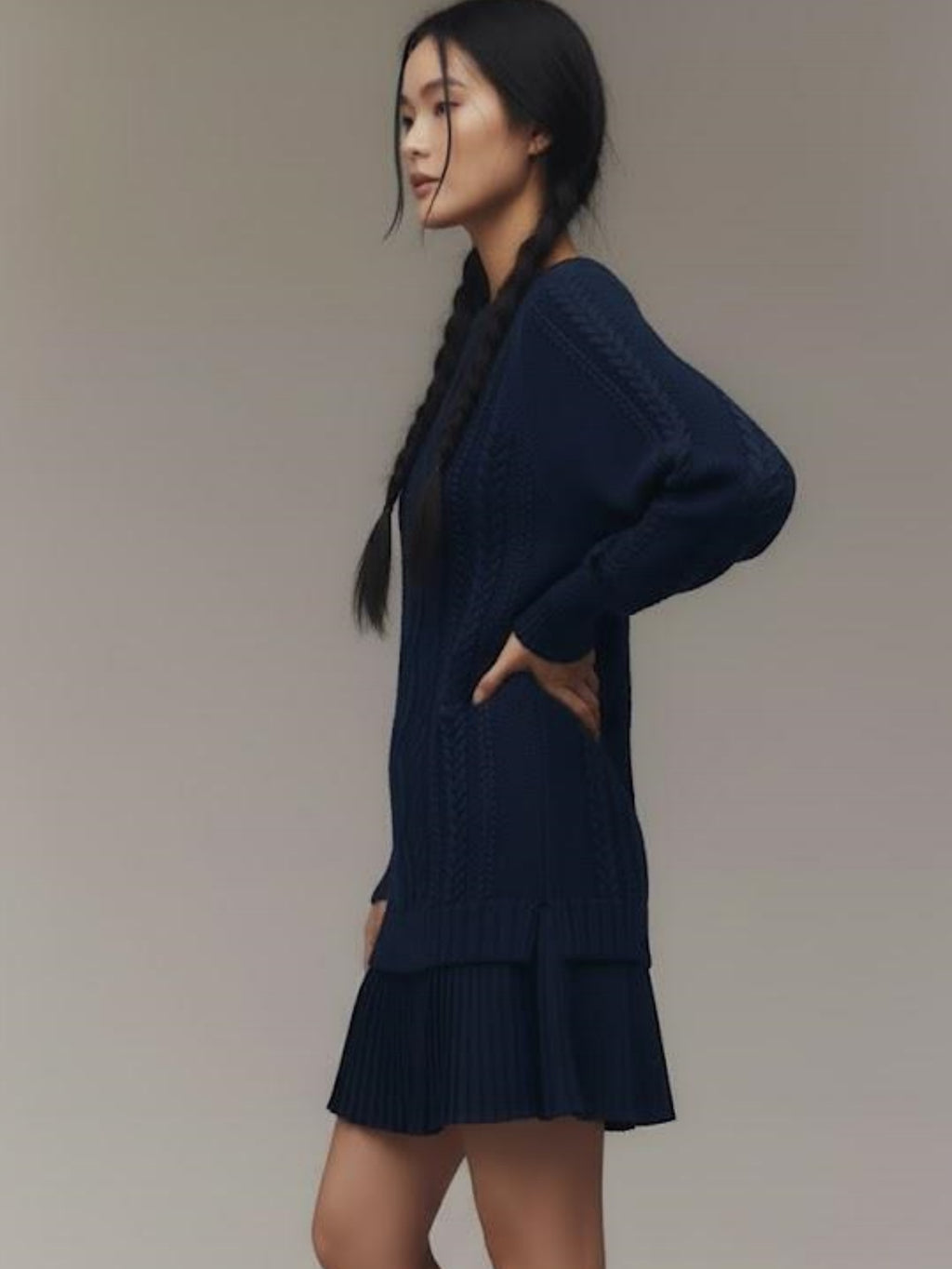 Cable Knit Sweater Mini Dress Pleated Hem Layered Look Women's Casual Autumn Knitwear