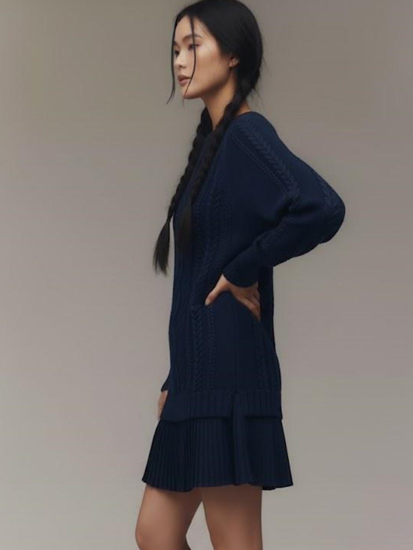 Cable Knit Sweater Mini Dress Pleated Hem Layered Look Women's Casual Autumn Knitwear