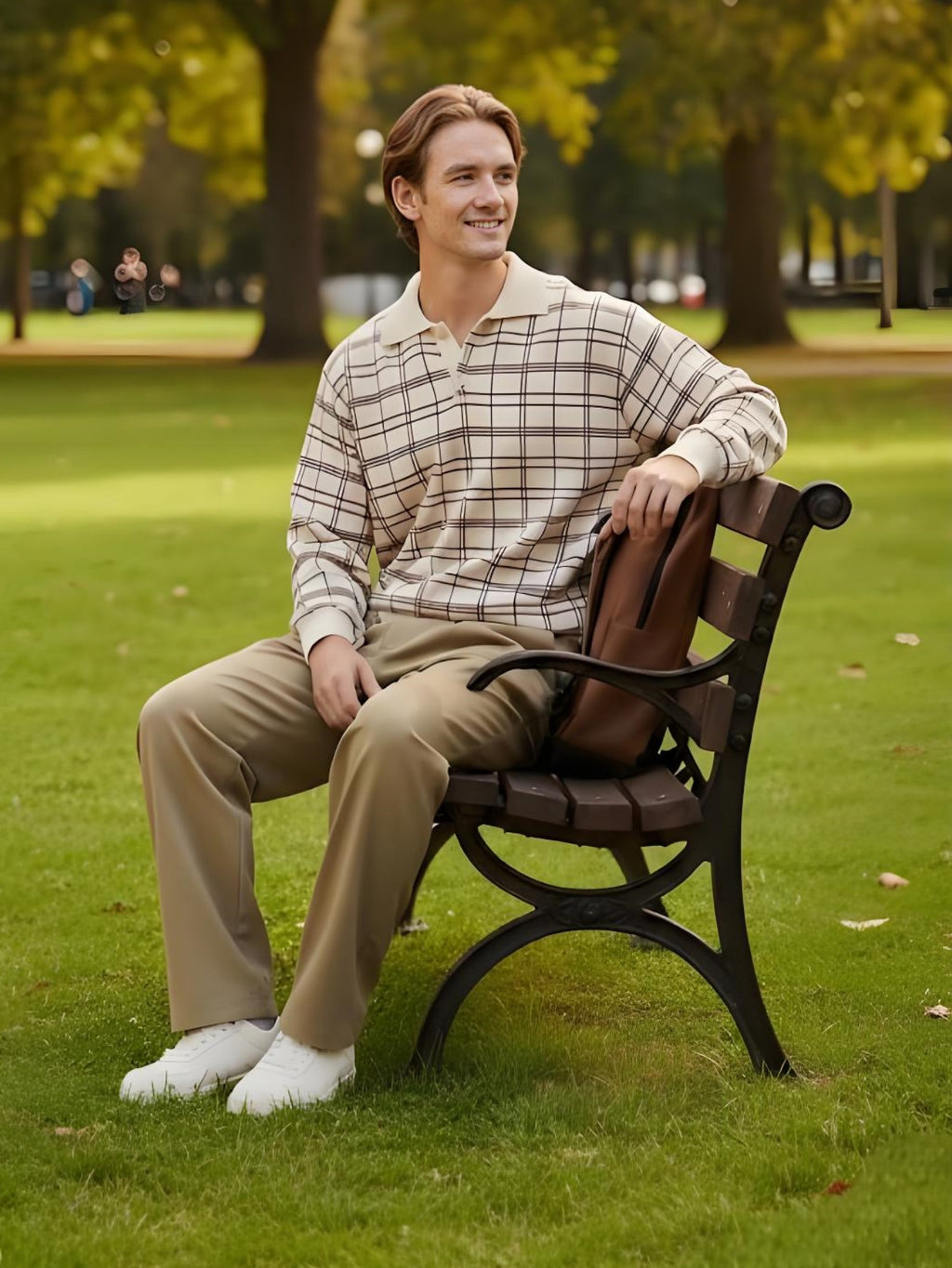 Men’s Beige Plaid Knit Sweater – Retro Checkered Long-Sleeve Pullover