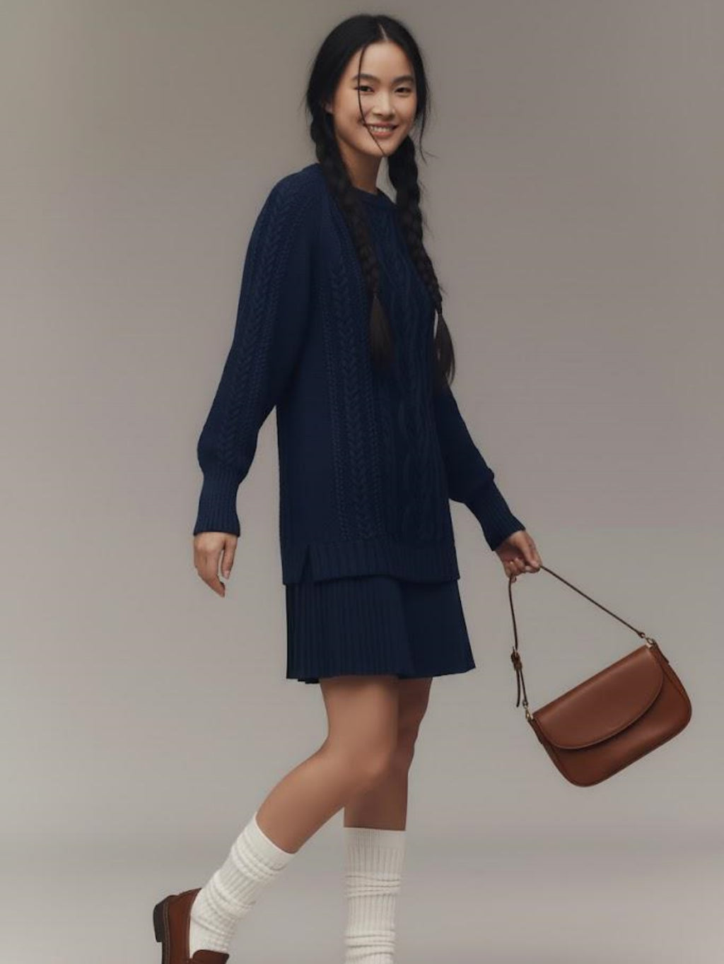 Cable Knit Sweater Mini Dress Pleated Hem Layered Look Women's Casual Autumn Knitwear