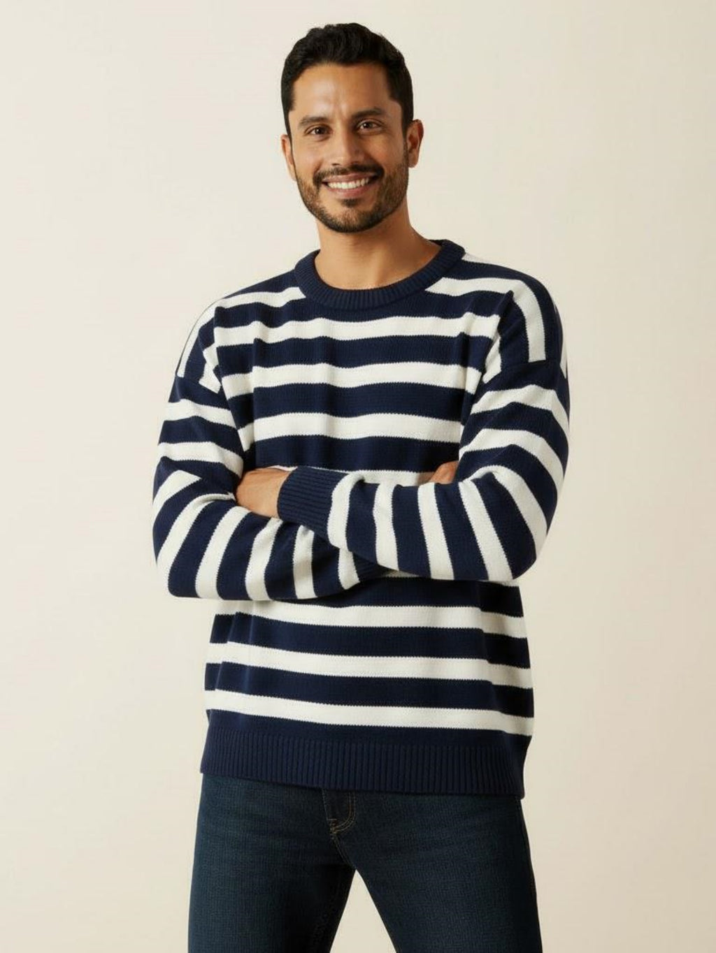 Men’s Navy and White Striped Knit Sweater – Casual Crewneck Pullover