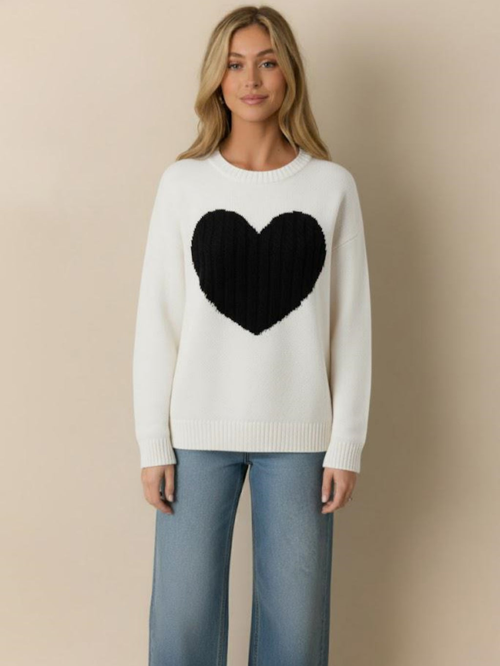 Women's Heart Print Knitted Sweater, Long Sleeve Pullover Jumper