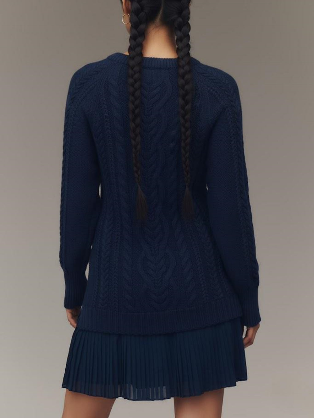 Cable Knit Sweater Mini Dress Pleated Hem Layered Look Women's Casual Autumn Knitwear