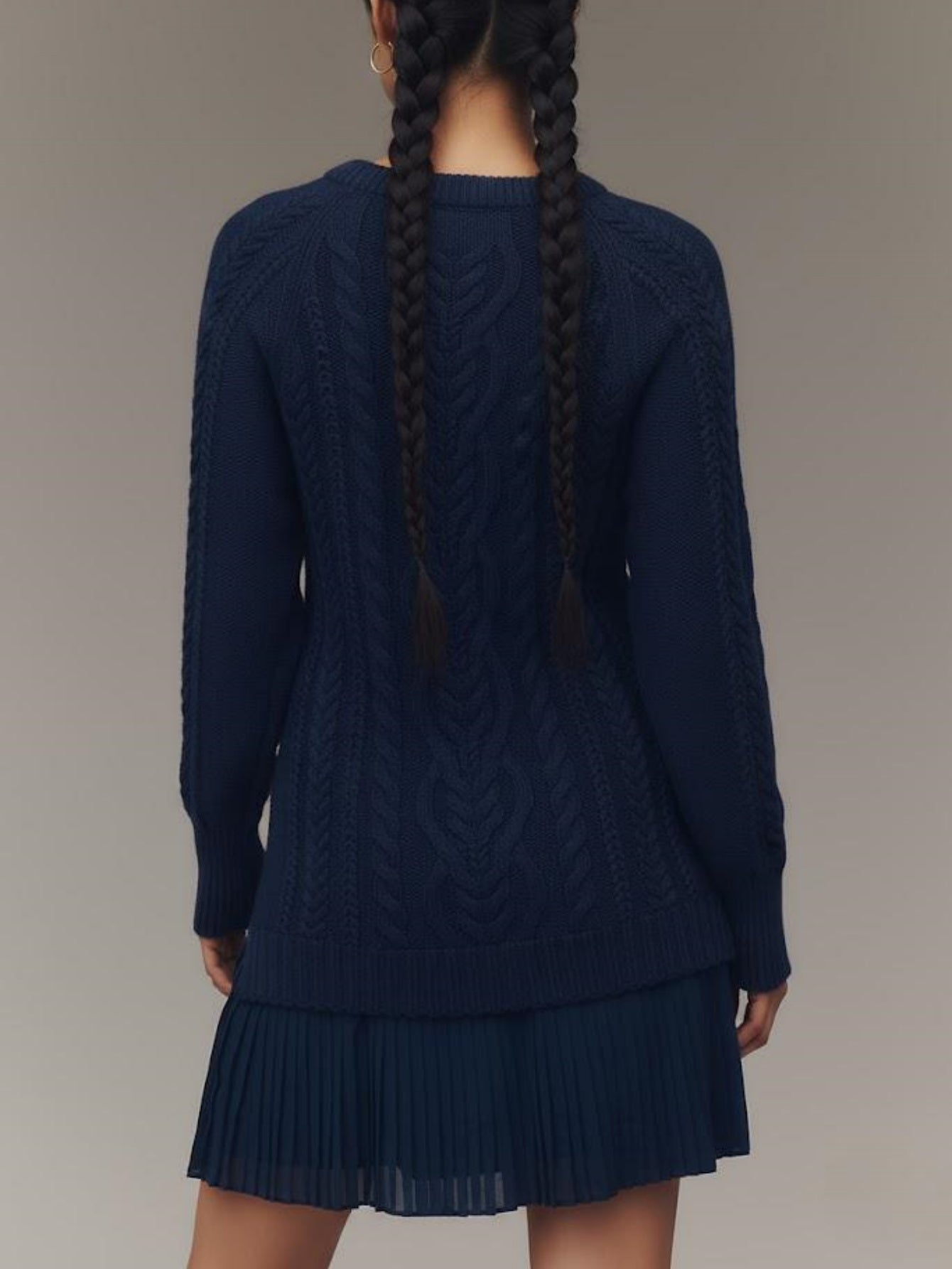 Cable Knit Sweater Mini Dress Pleated Hem Layered Look Women's Casual Autumn Knitwear