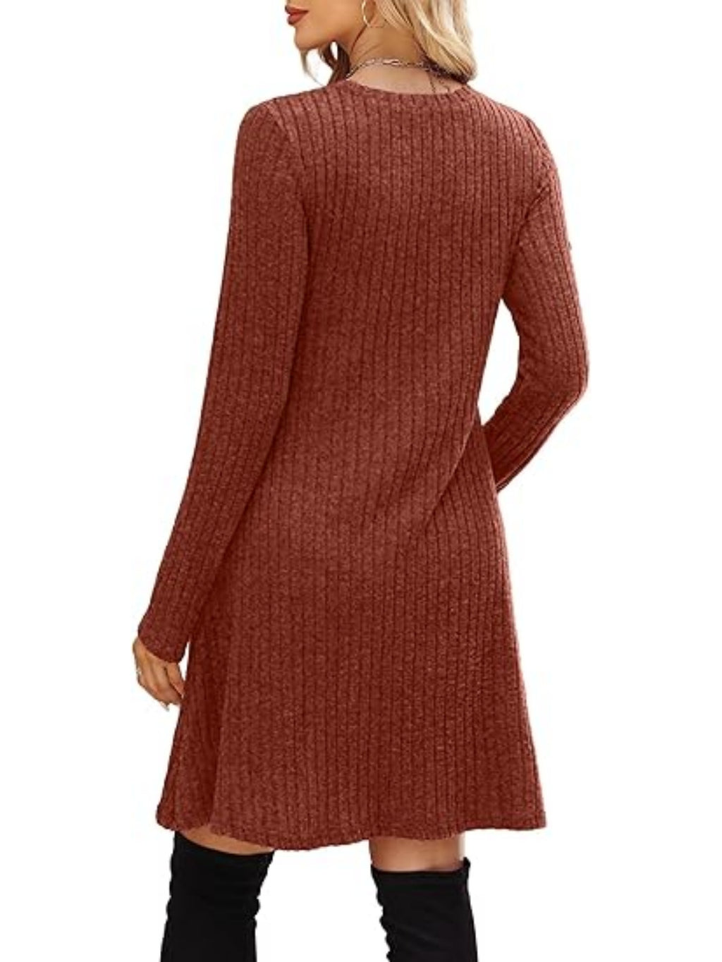 Women's Boho Ribbed Knit A-Line Midi Dress, Solid Color Irregular Hem, Long Sleeve Fall Winter Bohemian Swing Dress