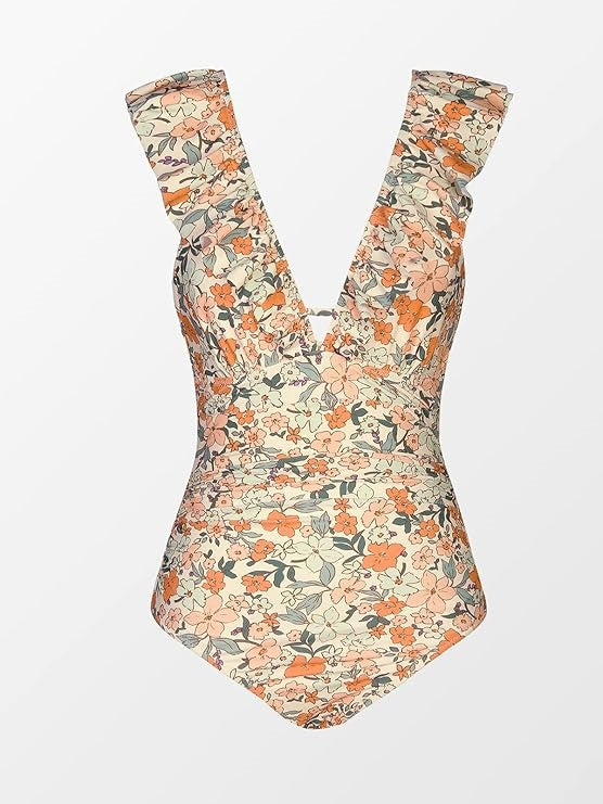 Women's Ruffled One Piece Swimsuit V Neck Lace Up