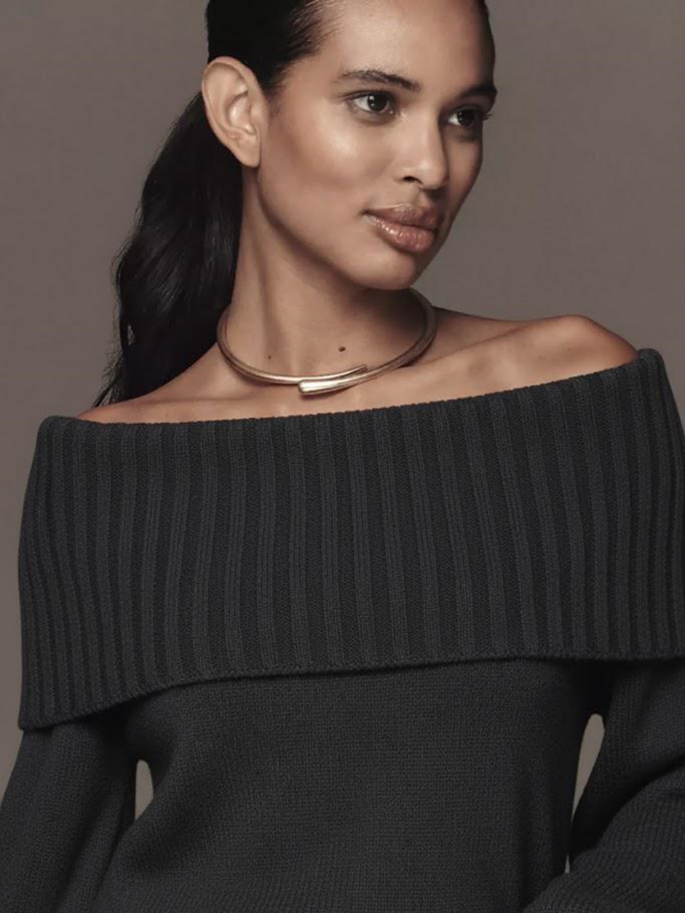 Women's Off Shoulder Knit Sweater Lantern Sleeve Slim Fit Solid Color Versatile Pullover Top