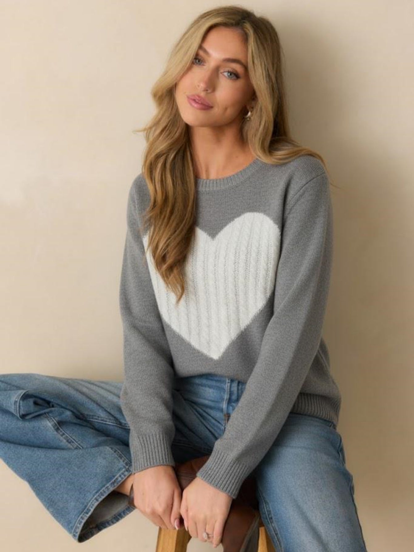Women's Heart Print Knitted Sweater, Long Sleeve Pullover Jumper