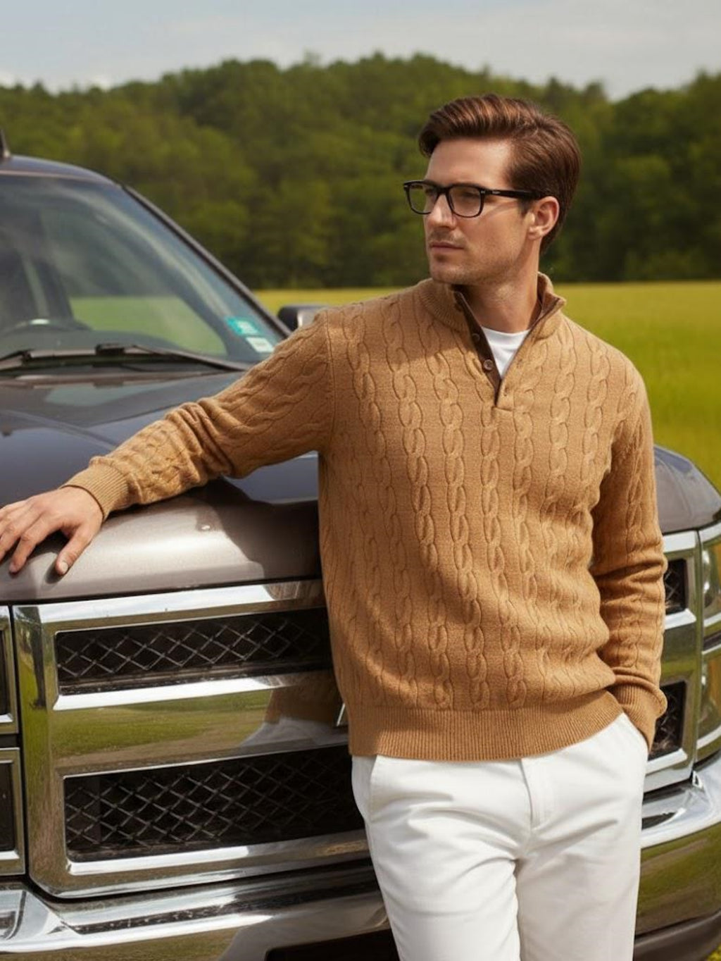 Men’s Button-Up Cable Knit Sweater – Classic Textured Pullover