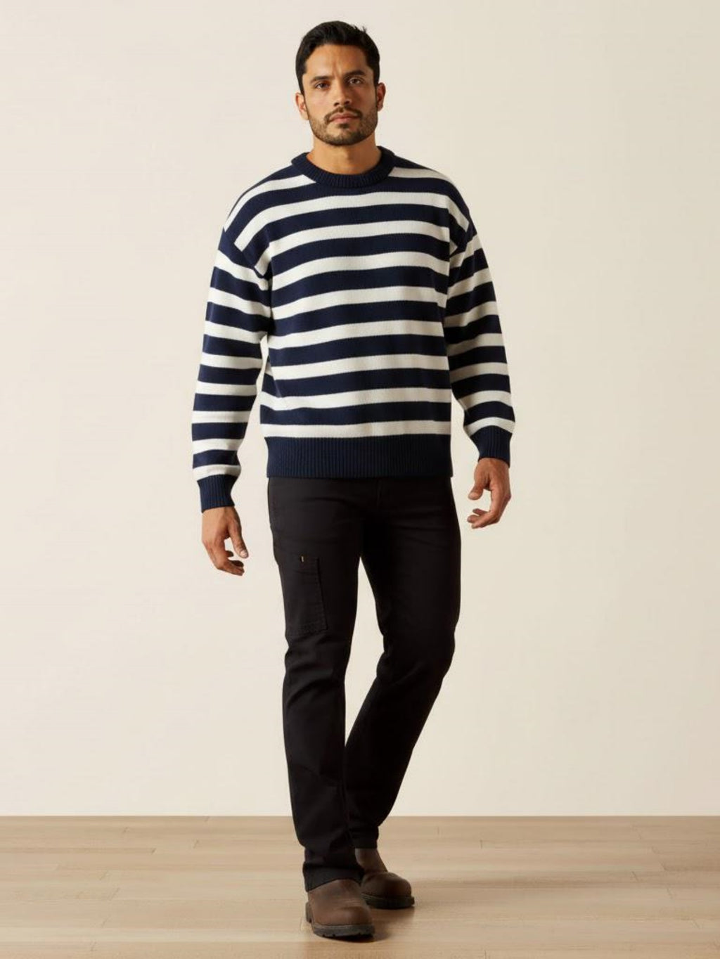 Men’s Navy and White Striped Knit Sweater – Casual Crewneck Pullover