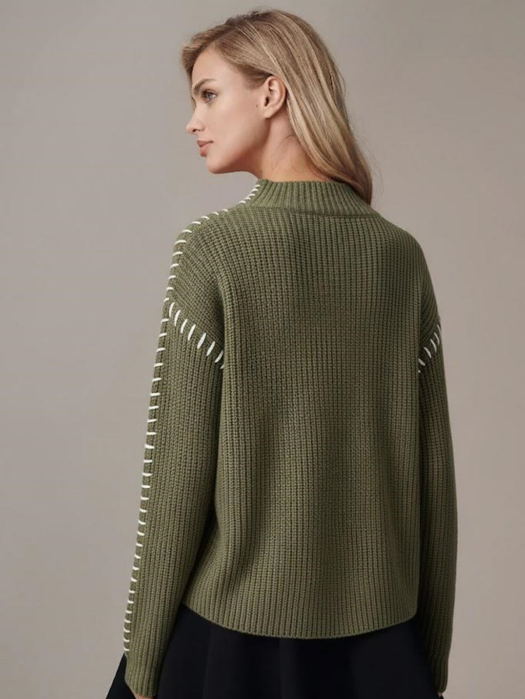 Women's Mock Neck Pullover Sweater, Long Sleeve Casual Knit Jumper with Contrast Stitching Detail
