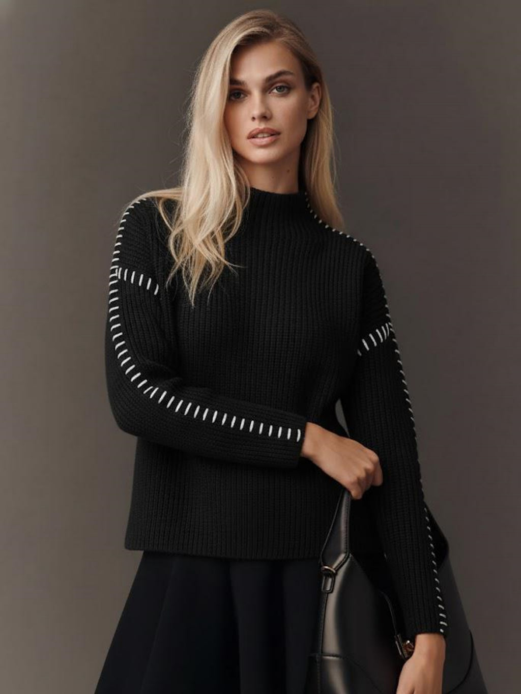 Women's Mock Neck Pullover Sweater, Long Sleeve Casual Knit Jumper with Contrast Stitching Detail