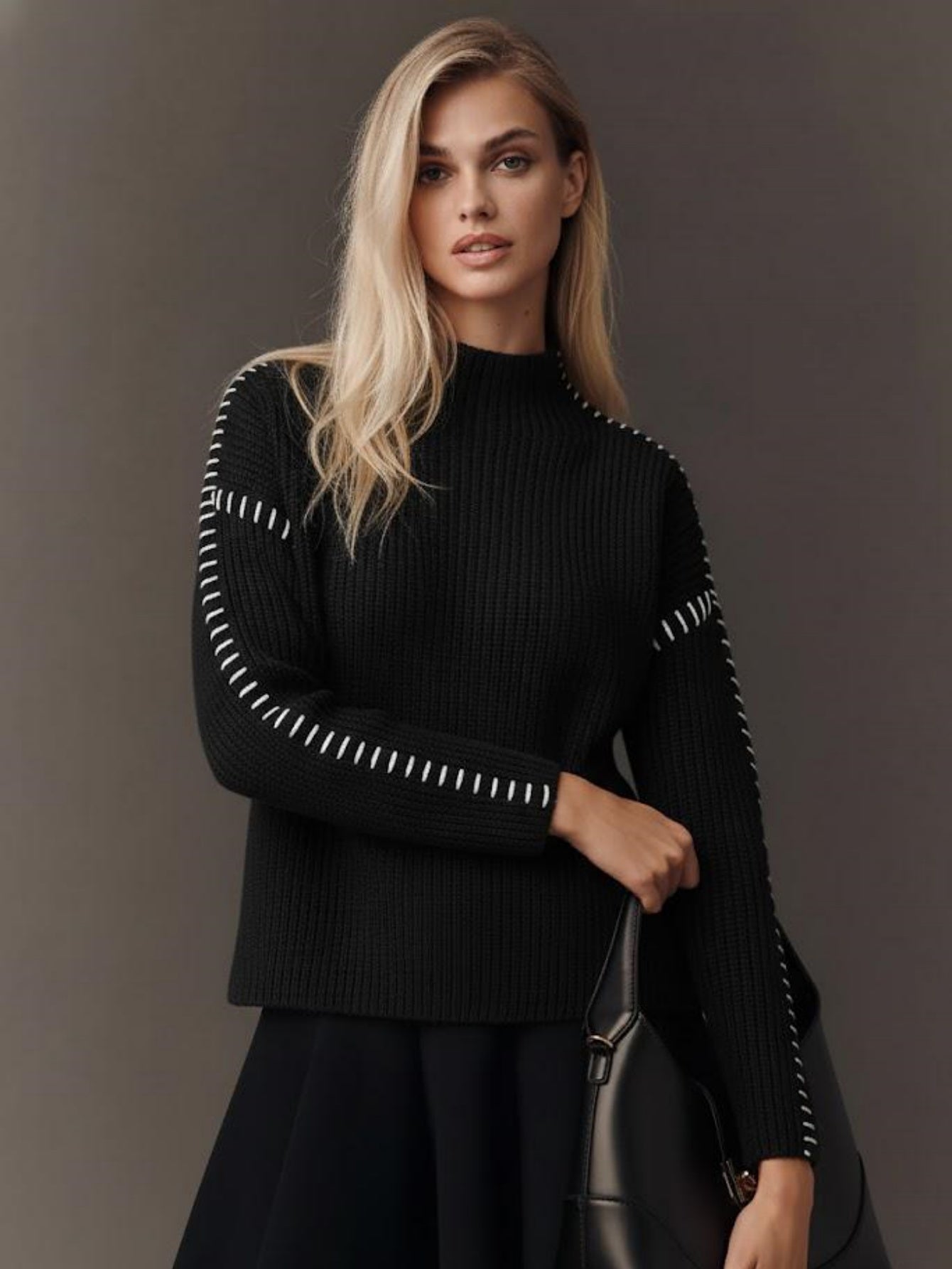 Women's Mock Neck Pullover Sweater, Long Sleeve Casual Knit Jumper with Contrast Stitching Detail