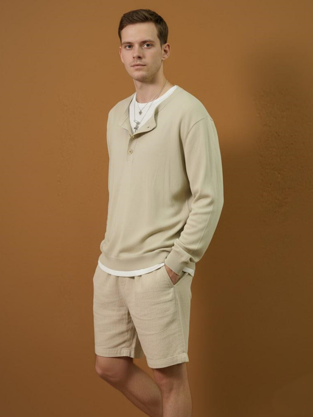 Men’s Light Beige Knit Pullover – Casual Button-Neck Sweater