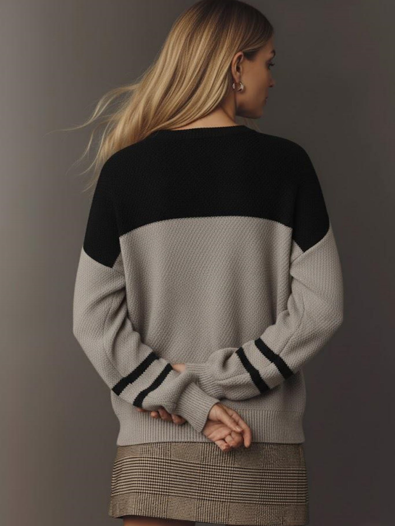Women's Casual Color Block Knit Sweater, Long Sleeve Drop Shoulder Pullover Top