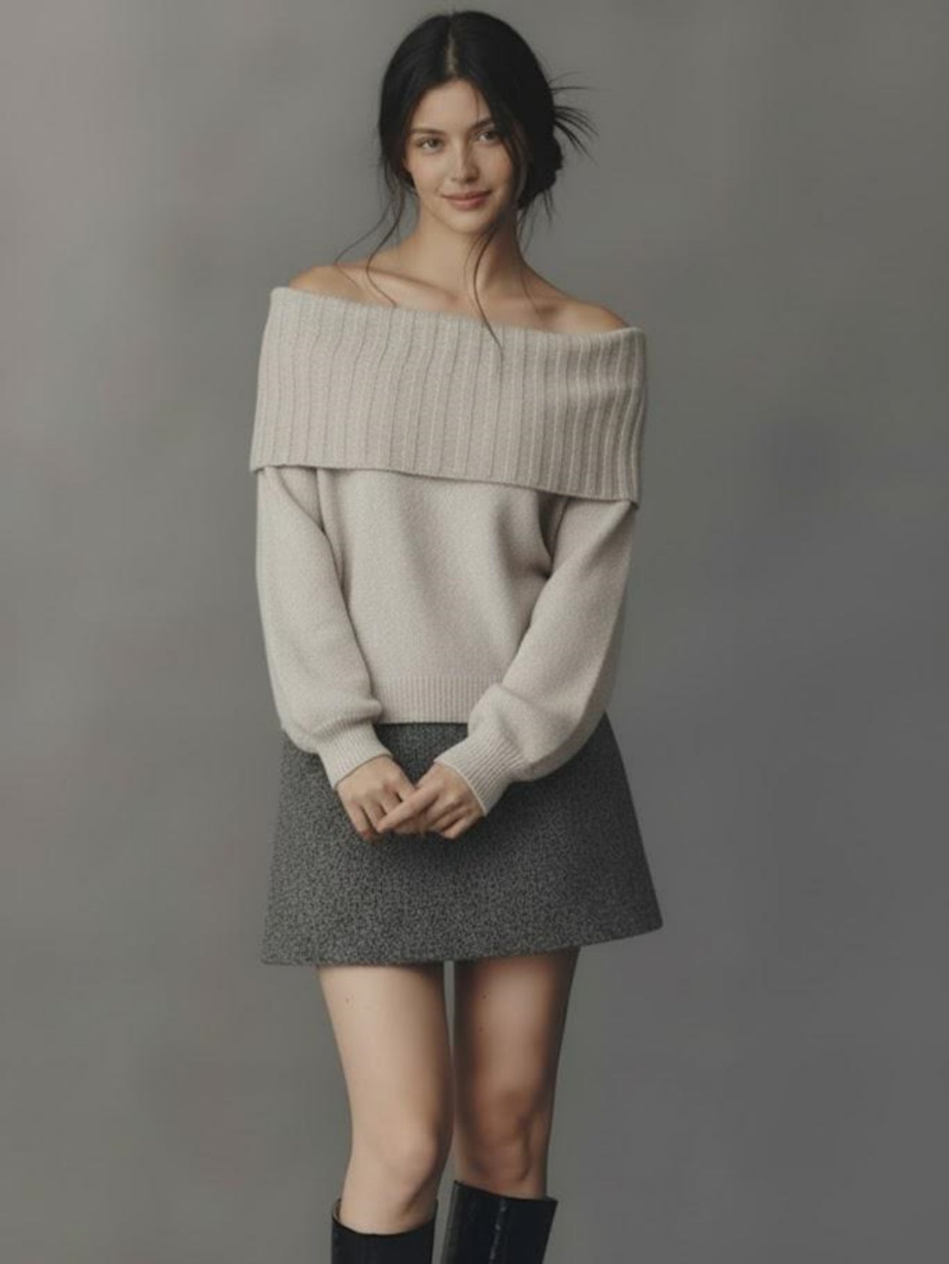 Women's Off Shoulder Knit Sweater Lantern Sleeve Slim Fit Solid Color Versatile Pullover Top