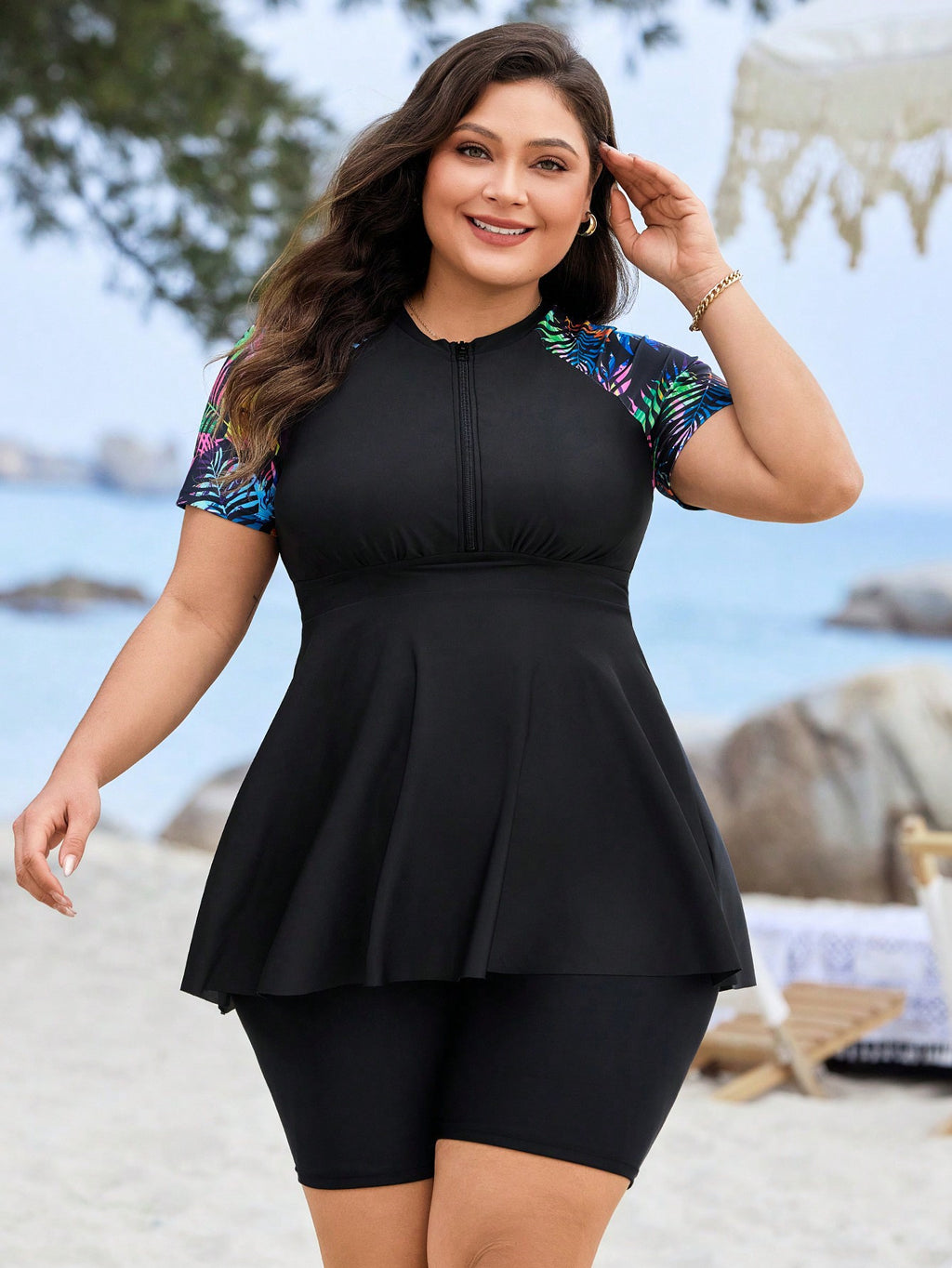 Plus Size Women's Two-Piece Short Sleeve Zip Front Skirted Swimsuit